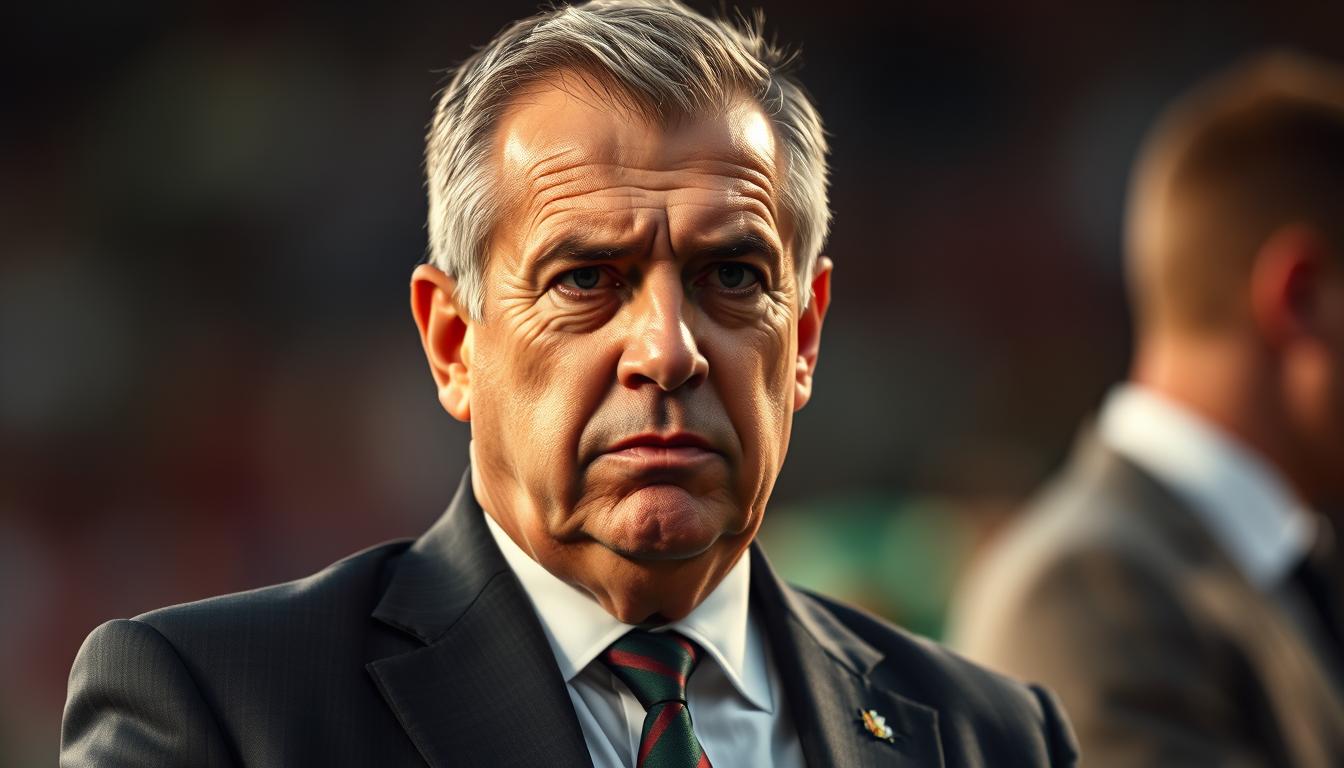 A close-up shot of Javier Aguirre, the Mexico national team's head coach, standing on the sideline during a high-stakes football match. Aguirre, clad in a sharp suit and tie, is intently focused, his brow furrowed as he barks instructions to his players. The scene is bathed in a warm, golden light, casting dramatic shadows across his weathered face, conveying a sense of determination and intensity. The background is blurred, putting the coach's commanding presence at the center of attention, as he leads his team towards their World Cup destiny.