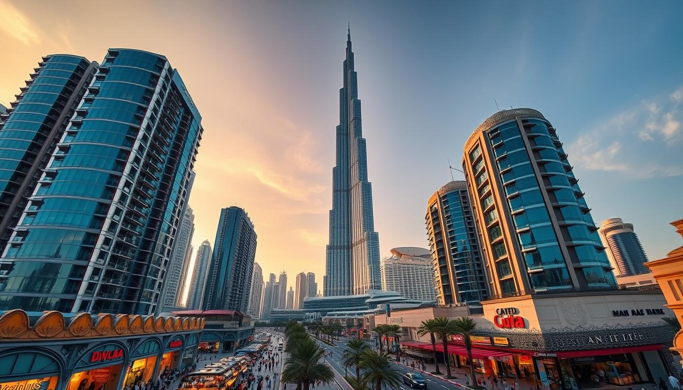 Discovering Dubai attractions, a breathtaking cityscape under the warm embrace of the desert sun. In the foreground, towering skyscrapers glisten with glass and steel, their modern architectural marvels reaching for the sky. In the middle ground, bustling streets teem with vibrant life, people navigating between traditional souks and high-end shopping districts. In the background, the iconic Burj Khalifa, the world's tallest building, stands as a testament to Dubai's remarkable transformation from a desert outpost to a global hub of innovation and luxury. Captured through the lens of a wide-angle camera, the scene exudes a sense of grandeur and wonder, inviting the viewer to explore the rich tapestry of this remarkable emirate.