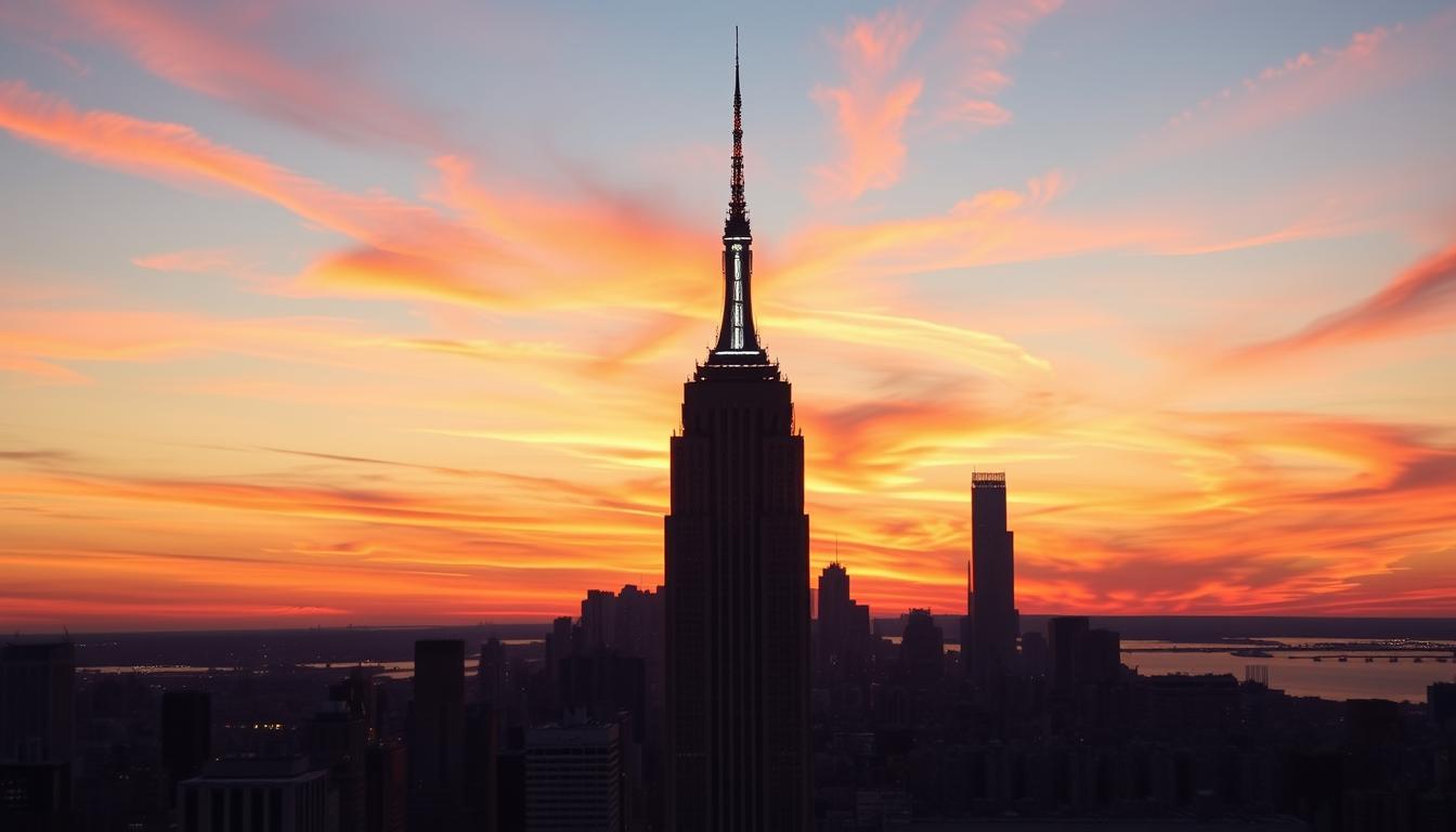 Generate an image of the Empire State Building at sunset.