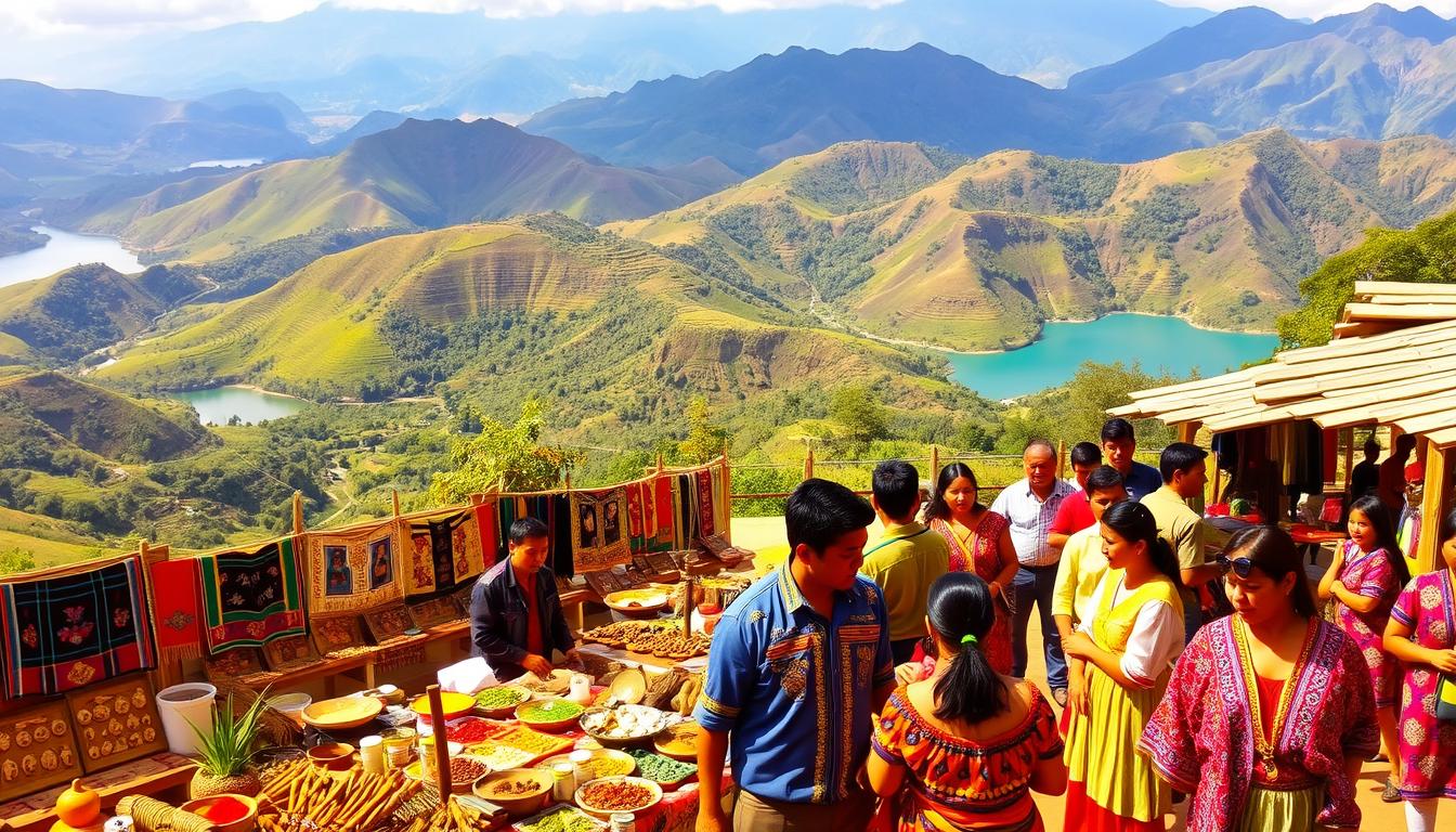 Vibrant Guatemalan landscape, with verdant highlands and azure lakes in the background. In the middle ground, a bustling marketplace filled with indigenous artisans showcasing their colorful textiles, intricate wood carvings, and fragrant spices. In the foreground, people in traditional Mayan attire - men in embroidered shirts and women in vibrant huipils (blouses) - engaged in lively conversations and bartering. Warm, natural lighting illuminates the scene, casting a golden glow on the vibrant hues. The overall atmosphere conveys the rich cultural heritage and enduring traditions of Guatemala.