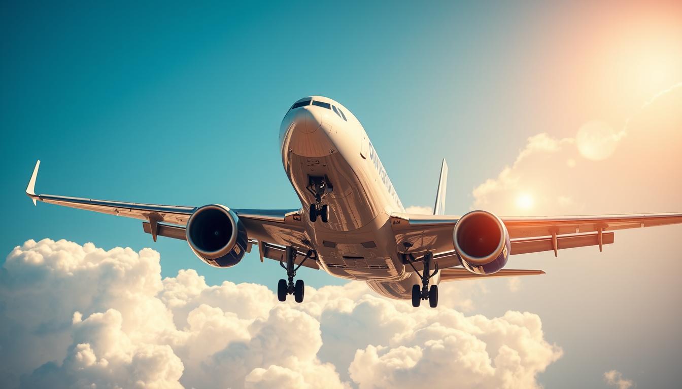 A vibrant, high-resolution image of a modern commercial aircraft soaring majestically against a clear blue sky, its sleek fuselage emblazoned with the &quot;www.travelandworldcup.com&quot; logo. The plane's engines roar with power, casting dramatic shadows on the fluffy white clouds below. The scene is captured from a dynamic low-angle perspective, emphasizing the aircraft's impressive scale and engineering. Warm, golden sunlight bathes the entire composition, creating a sense of motion, energy, and the promise of exciting adventures to come. The overall mood is one of excitement, reliability, and the thrill of air travel.