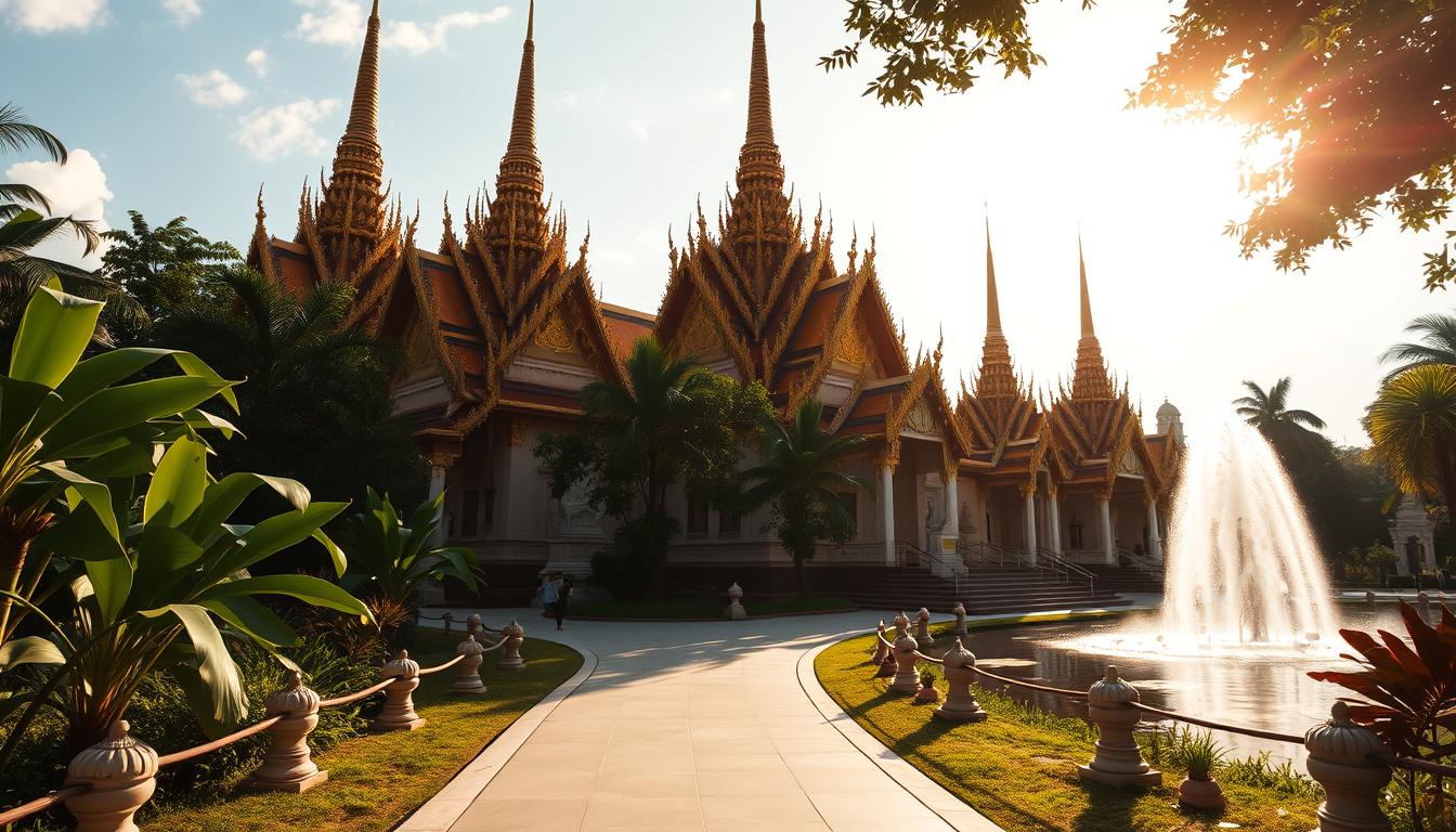 Majestic Thai temples, their ornate spires reaching skyward, nestled amidst lush tropical foliage. Brilliant gold-leafed roofs glisten in the warm sunlight, casting shimmering reflections upon tranquil ponds. Intricate carvings of mythical creatures adorn the facades, a testament to the skilled craftsmanship of Thailand's artisans. In the foreground, a serene pathway leads visitors towards the grand entrance, inviting them to step into a realm of architectural wonder and cultural heritage. Dramatic shadows and highlights accentuate the dramatic silhouettes, creating a sense of timeless grandeur. This breathtaking scene captures the essence of Thailand's architectural marvels, a harmonious blend of natural beauty and human ingenuity.