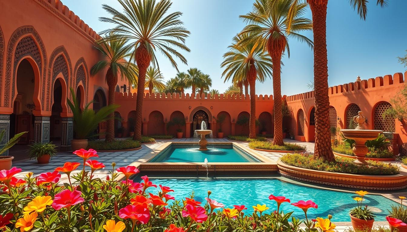 A lush, vibrant Moroccan garden with intricate tilework, ornate fountains, and towering palm trees. The foreground features a stunning display of colorful flowers, their petals gently swaying in the warm breeze. In the middle ground, a serene, shimmering pool reflects the azure sky and the surrounding greenery. The background is framed by high, ochre-hued walls adorned with intricate latticework, casting delicate patterns of light and shadow across the tranquil scene. The entire landscape is bathed in the warm, golden glow of the Moroccan sun, creating a dreamlike, enchanting atmosphere.