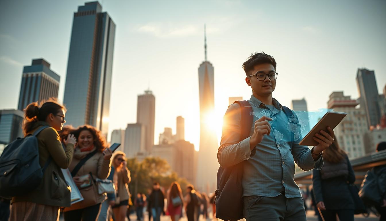 A bustling city skyline with towering skyscrapers in the background, casting long shadows across a lively street below. In the foreground, two distinct travel experiences unfold: on the left, a group of tourists armed with guidebooks and maps, navigating the city with a sense of uncertainty; on the right, a solo traveler with a sleek, futuristic-looking device in hand, effortlessly exploring the city's hidden gems, their path illuminated by a holographic map. Warm, golden lighting filters through the scene, highlighting the contrast between the traditional and the innovative. The mood is one of excitement and discovery, showcasing the advantages of Yaseem's intuitive navigation and personalized recommendations over the constraints of conventional roaming.