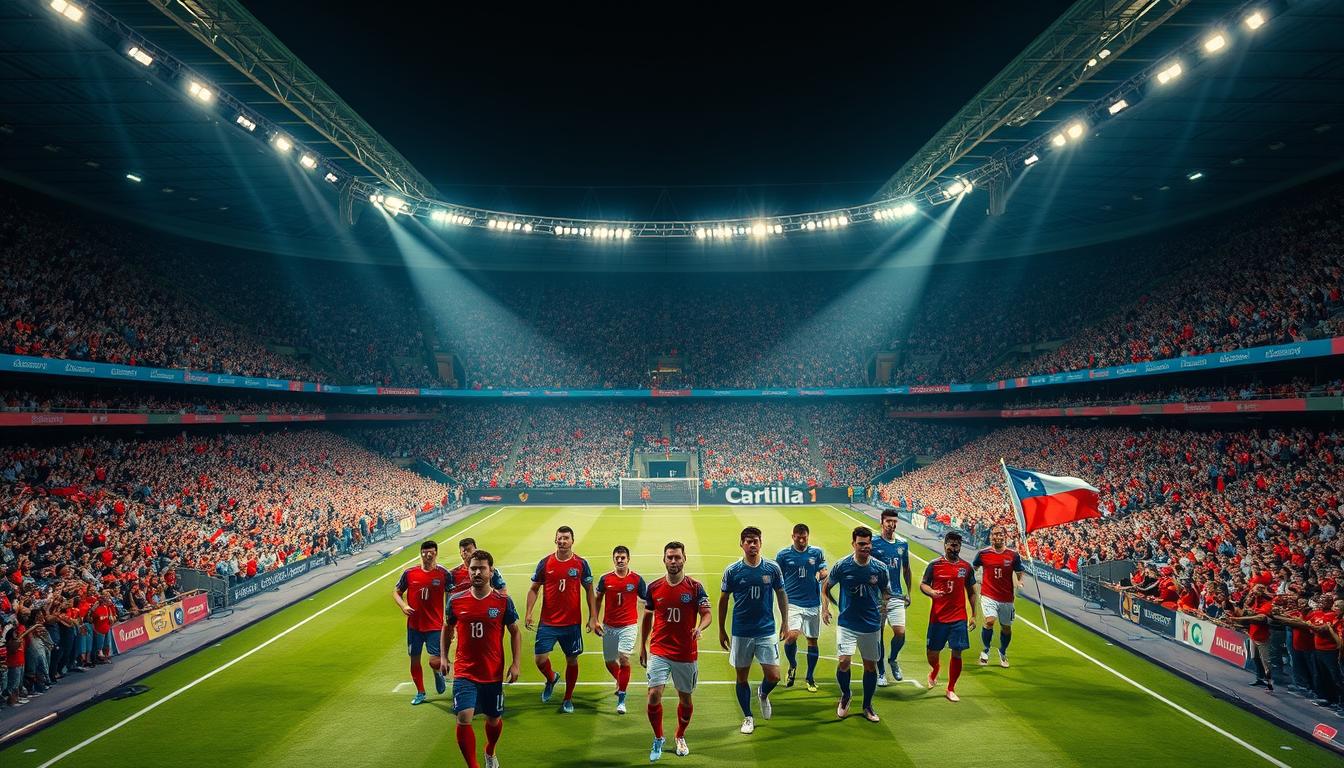 A bustling football stadium, with the national teams of Chile and their opponents taking the field. The players wear their vibrant uniforms, faces determined as they prepare for the crucial World Cup qualification match. In the stands, a sea of passionate fans wave flags and cheer, creating an electric atmosphere. Dramatic lighting casts dynamic shadows across the pitch, adding an air of intensity. The camera angle captures the action from a high vantage point, showcasing the grand scale of the event. This is Chile's chance to secure their place in the upcoming World Cup, a moment of high stakes and national pride.