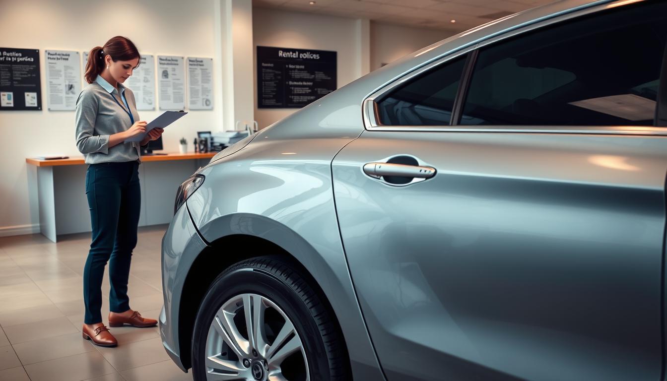 A sleek, modern car parked in a well-lit, neatly organized rental agency office. The vehicle's exterior shows visible dents and scratches, indicating recent damage. A rental agent stands nearby, clipboard in hand, examining the car closely. The background features a neat desk with a computer, neatly stacked paperwork, and a wall-mounted display showcasing rental policies. Soft, diffused lighting creates a professional, yet slightly tense atmosphere, as the agent prepares to document the damage claim. The scene conveys the process of carefully assessing and recording vehicle condition prior to returning it to the rental company.