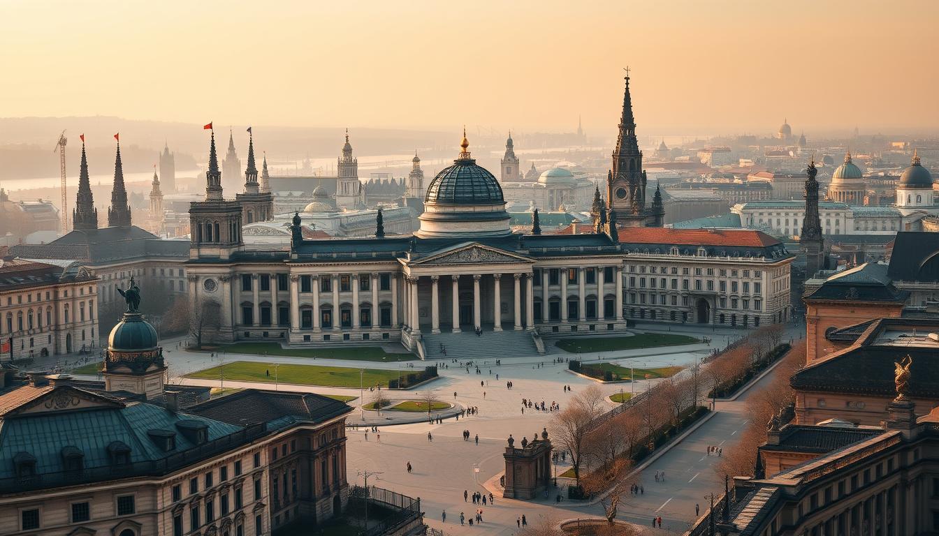 A majestic cityscape showcasing the architectural prowess of Germany. In the foreground, the iconic Reichstag Building, its glass dome shimmering in the golden hour light. Surrounding it, the grand spires and ornate facades of cathedrals and palaces, crafted by renowned German architects throughout the ages. In the middle ground, cobblestone streets and bustling pedestrians provide a lively contrast to the stoic, imposing structures. The background fades into a dreamy, atmospheric haze, hinting at the depth and history of this remarkable landscape. Captured through a wide-angle lens, the scene exudes a sense of grandeur and timeless elegance, celebrating Germany's rich architectural heritage.