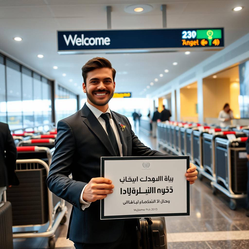 سائق محترف من Welcome Pickups يرحب بالمسافرين في المطار