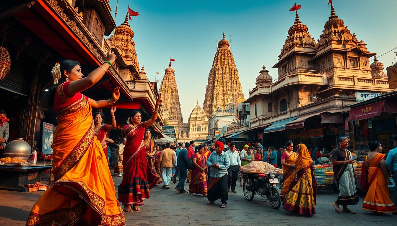 A vibrant scene of cultural experiences in India, captured with a wide-angle lens. In the foreground, a group of women adorned in colorful saris perform a traditional dance, their graceful movements and intricate footwork accentuated by warm, golden lighting. In the middle ground, a bustling street market comes to life, with vendors selling spices, fabrics, and handcrafted goods. The background is filled with towering, ornate temples and palaces, their intricate architecture casting long shadows across the scene. The overall atmosphere is one of energy, color, and a deep sense of cultural heritage, inviting the viewer to immerse themselves in the rich tapestry of India's diverse traditions.