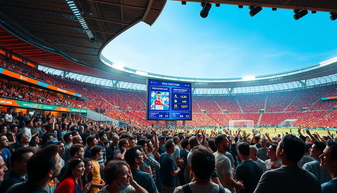 FIFA 2026 Tickets: A Memorable Fan Experience A vibrant, immersive stadium scene showcasing the excitement and anticipation of FIFA 2026 ticket sales. In the foreground, a dynamic crowd of fans eagerly awaits their chance to secure coveted tickets, their expressions a mix of determination and elation. The middle ground features a prominent digital display board, its sleek design and vivid graphics highlighting the available ticket packages and pricing details. In the background, the iconic stadium architecture rises majestically, its grandeur and scale setting the stage for the global football spectacle to come. The lighting is warm and inviting, creating a sense of energy and celebration, while the camera angle captures the bustling atmosphere from a slightly elevated perspective, emphasizing the scale and grandeur of the event.