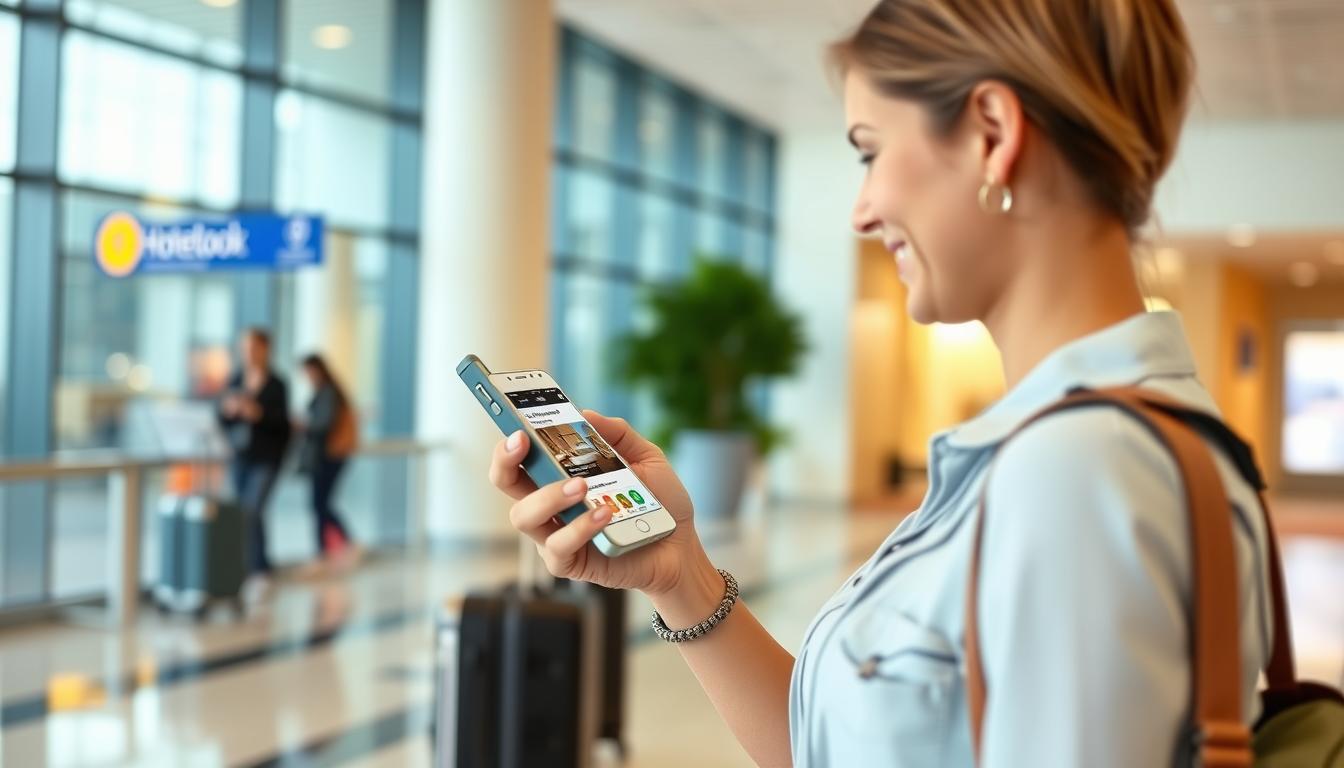 شخص يستخدم تطبيق Hotellook لحجز فندق أثناء السفر