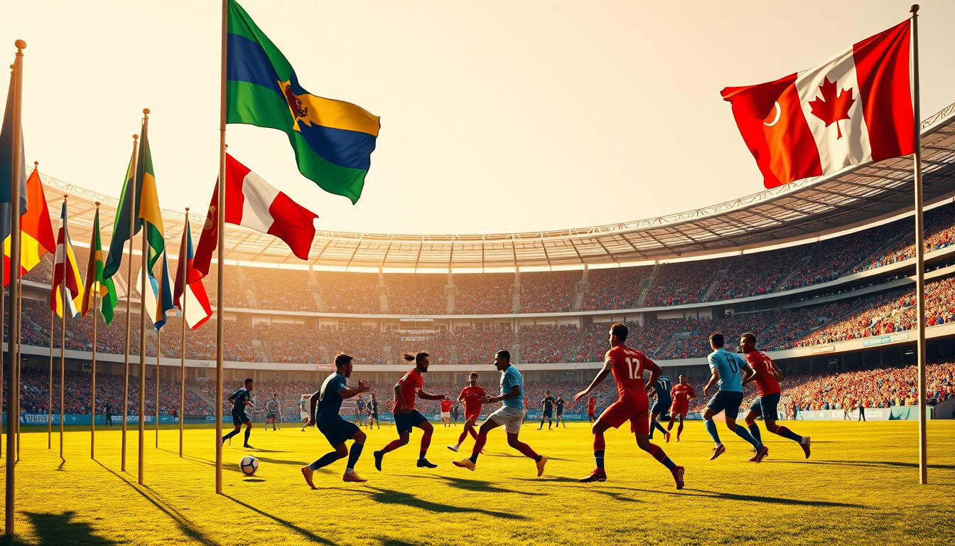 A vibrant, panoramic scene showcasing the teams and contenders for the highly anticipated FIFA 2026 World Cup. In the foreground, the national flags of the participating countries stand tall, fluttering in a gentle breeze. In the middle ground, the silhouettes of skilled players in their respective team jerseys engage in a dynamic match, their movements captured in a blur of motion. The background features a sprawling stadium with towering grandstands, filled with enthusiastic fans cheering and waving their colors. The scene is bathed in warm, golden lighting, creating a sense of excitement and anticipation for the upcoming tournament.