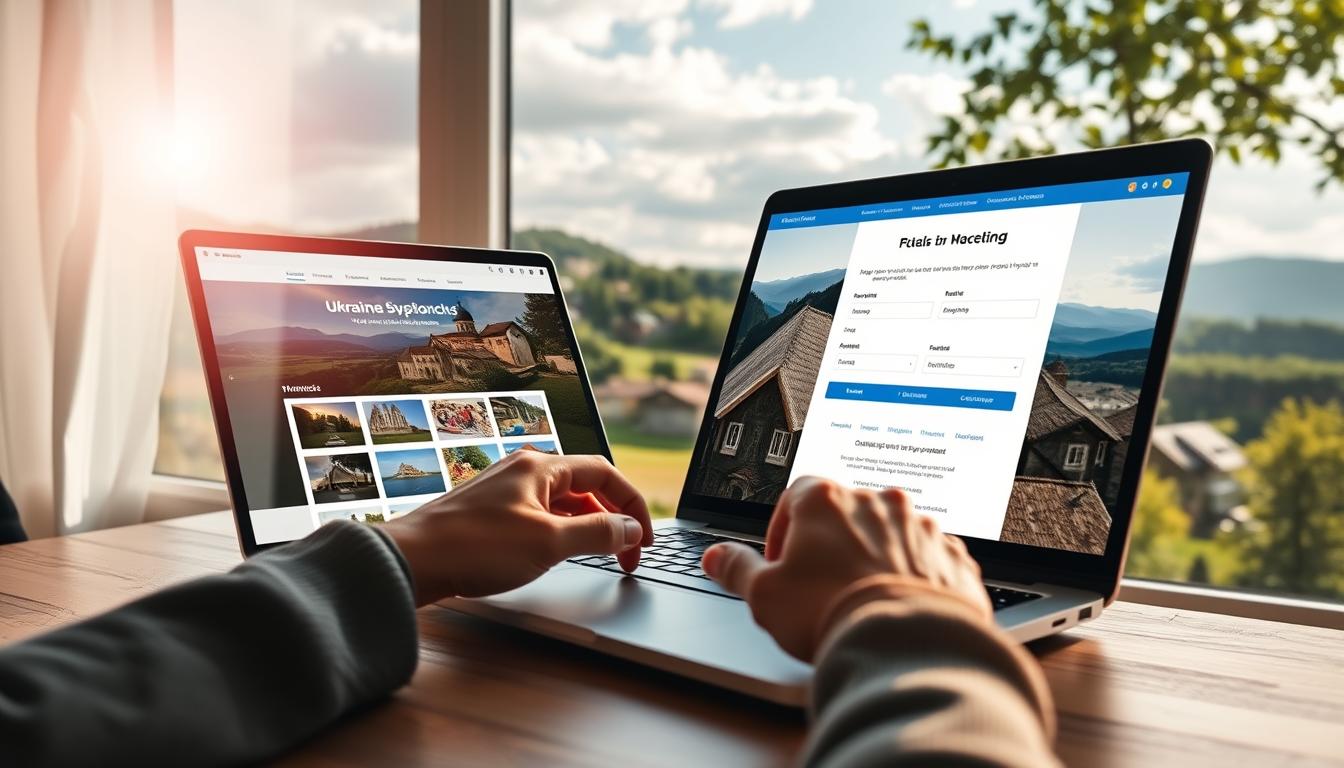 A serene Ukrainian landscape unfolds, as a laptop rests on a wooden table, showcasing the online booking process for an all-inclusive vacation. Sunlight filters through the window, casting a warm glow on the scene. In the foreground, a traveler's hands navigate the intuitive website, exploring destination options and customizing their dream getaway. The middle ground features a traditional Ukrainian folk pattern, hinting at the cultural richness awaiting. In the background, a picturesque village nestled among rolling hills and lush greenery sets the stage for an authentic Ukrainian experience. The overall mood is one of anticipation and excitement, inviting the viewer to embark on their own Ukrainian adventure.