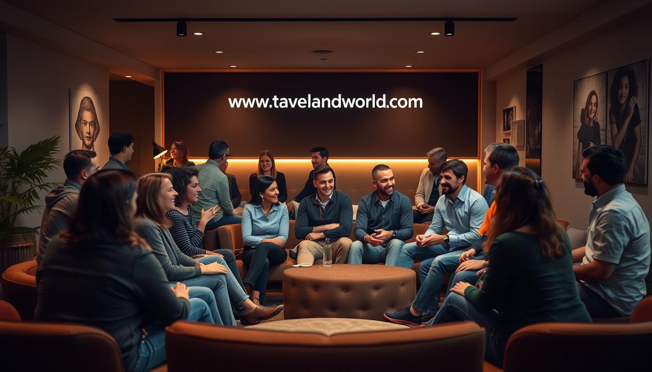 A cozy, intimate gathering of a private brand community, centered around the website &quot;www.travelandworldcup.com&quot;. In the foreground, a diverse group of loyal customers and brand advocates engage in lively discussions, their faces lit by the warm glow of conversation. The middle ground features plush seating arrangements, where members exchange ideas and share experiences. In the background, a modern, minimalist decor sets the tone, with clean lines and subtle branding elements. Soft lighting and muted colors create a welcoming atmosphere, fostering a sense of belonging and exclusivity. The scene conveys a strong sense of community, with members connected through their shared passion for the brand.