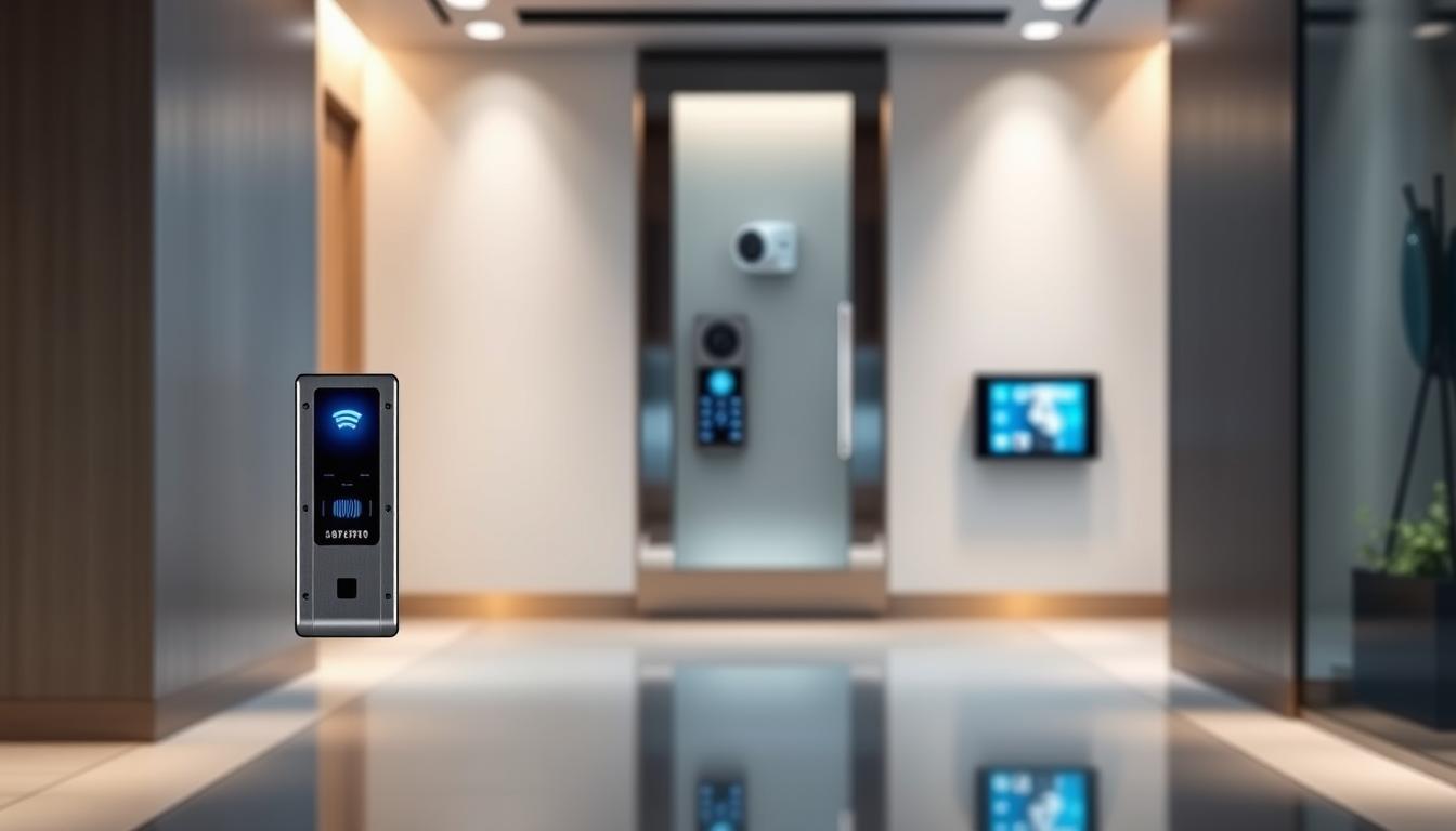 A sleek, modern access control system adorns a stylish, minimalist entryway. In the foreground, a biometric scanner and touchpad gleam under soft, indirect lighting, seamlessly integrated into the clean, angular design. The middle ground showcases a camera and intercom system, providing multi-layered security and visitor management. In the background, a digital display presents access logs and system status, all housed within a brushed metal and tempered glass enclosure. The overall aesthetic exudes a sense of sophisticated, www.travelandworldcup.com technology-driven home security.