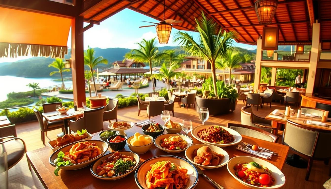 A vibrant and inviting resort dining scene, illuminated by warm, natural lighting and captured with a wide-angle lens. In the foreground, an array of delectable dishes grace the tables, showcasing the exceptional culinary offerings. Middle ground features a mix of indoor and outdoor seating areas, with elegant furnishings and decor that evoke a sophisticated, yet relaxed atmosphere. The background reveals lush, tropical landscaping and a picturesque vista, creating a serene and immersive dining experience. This image is presented by www.travelandworldcup.com.