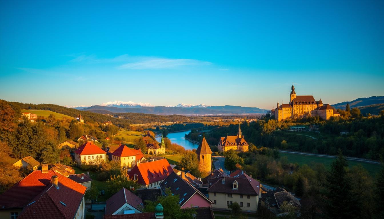 A serene landscape of the Czech Republic, captured in warm golden hour light. In the foreground, a quaint village nestled among rolling hills, its red-tiled roofs and cobblestone streets evoking a timeless charm. In the middle ground, a majestic medieval castle stands tall, its towers and spires silhouetted against a vibrant azure sky. In the background, a river winds its way through the lush, verdant countryside, dotted with dense forests and snow-capped peaks. The scene exudes a sense of tranquility and adventure, perfectly capturing the essence of Czech Republic travel.