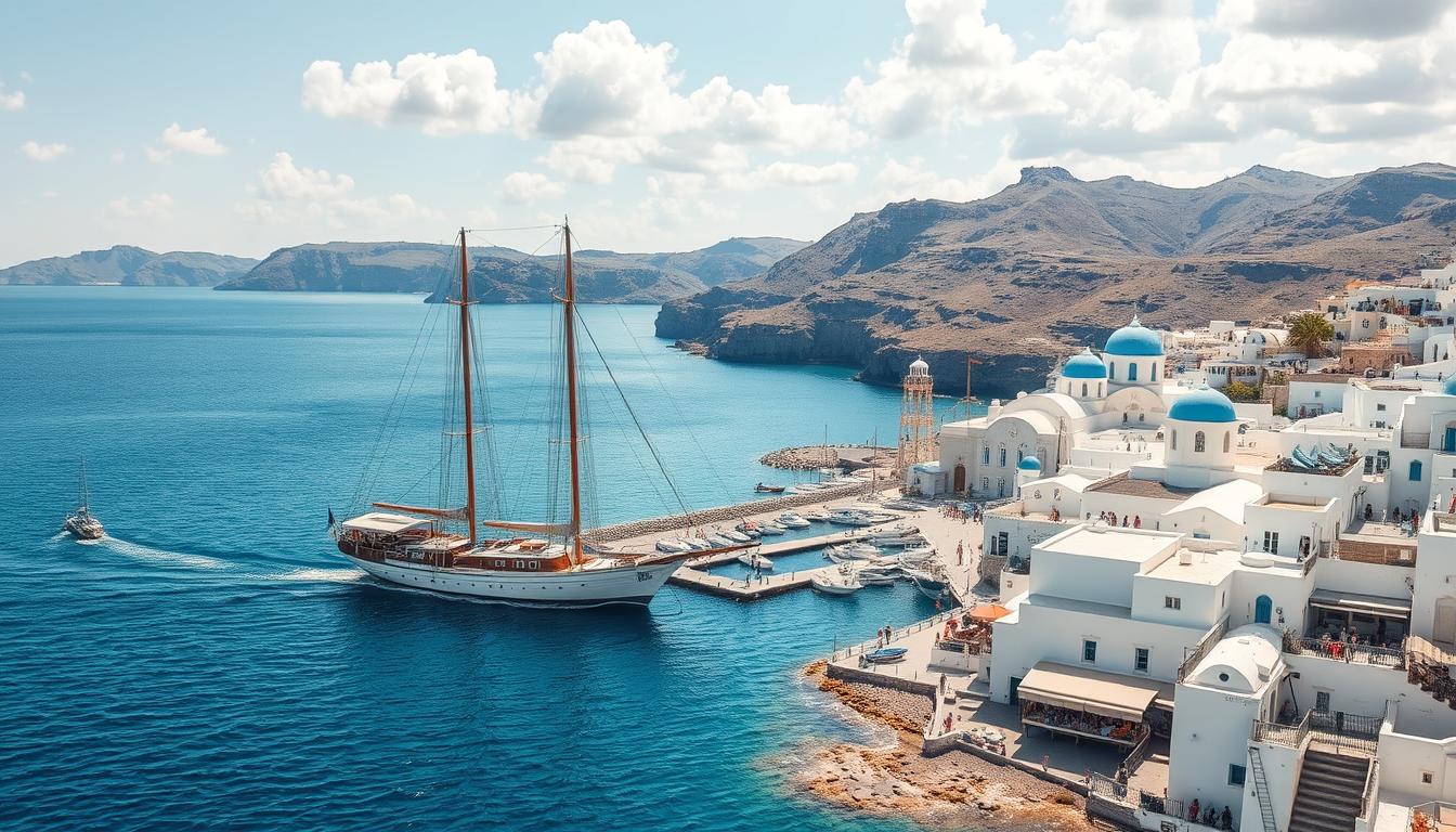 Tranquil azure waters lapping against white-washed buildings, sun-drenched islands scattered across the Aegean Sea. A Greek islands cruise, captured in stunning detail - a classic sailboat glides through the frame, its billowing sails mirroring the fluffy clouds overhead. In the foreground, weathered docks and harbors teeming with life, locals and tourists alike enjoying the Mediterranean breeze. The middle ground showcases picturesque villages, their iconic blue-domed churches and winding cobblestone streets inviting exploration. Fade into the background, rugged cliffs and lush rolling hills, a tapestry of natural beauty framing this idyllic nautical scene. Soft, golden light filters through, evoking a sense of timeless serenity and the promise of unforgettable adventures.
