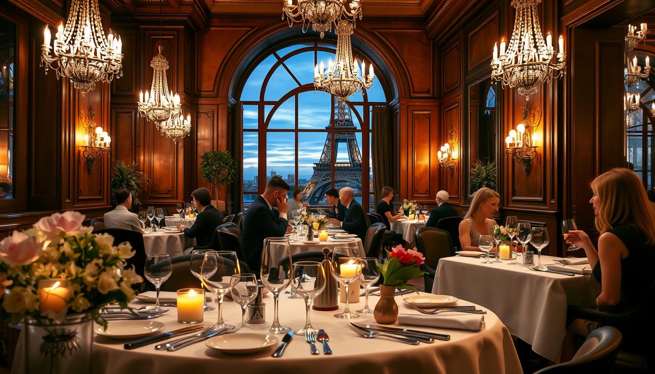 A lavish Michelin-starred restaurant in the heart of Paris, with a warm, sophisticated ambiance. In the foreground, a table is elegantly set with fine china, crystal glassware, and fresh flowers, illuminated by the soft glow of candlelight. In the middle ground, smartly dressed diners enjoy an exquisite multi-course meal, conversing quietly against a backdrop of rich, wood-paneled walls and ornate chandeliers. In the background, a large, arched window offers a glimpse of the iconic Eiffel Tower, its silhouette visible under a twilight sky. The scene exudes a sense of culinary excellence, refined elegance, and the quintessential Parisian dining experience.