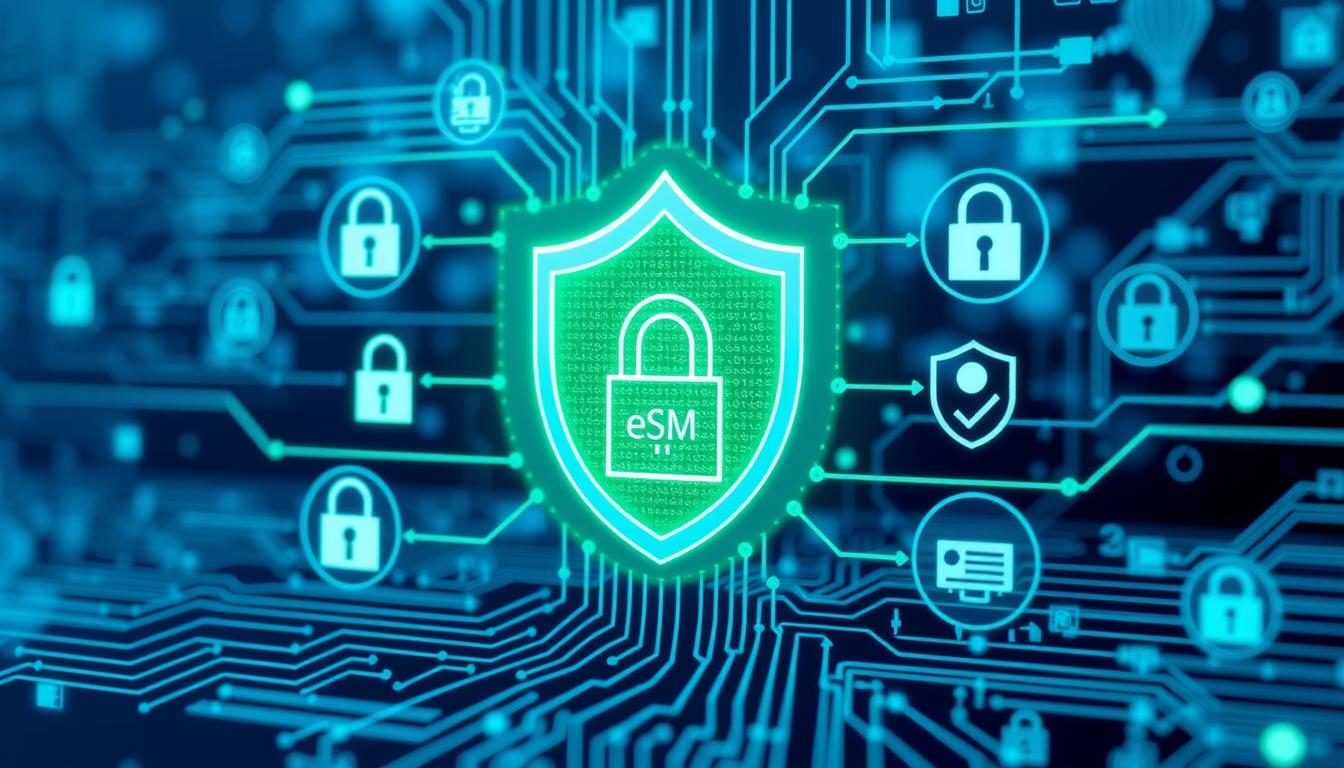 Security features of eSIM technology with encryption visualization