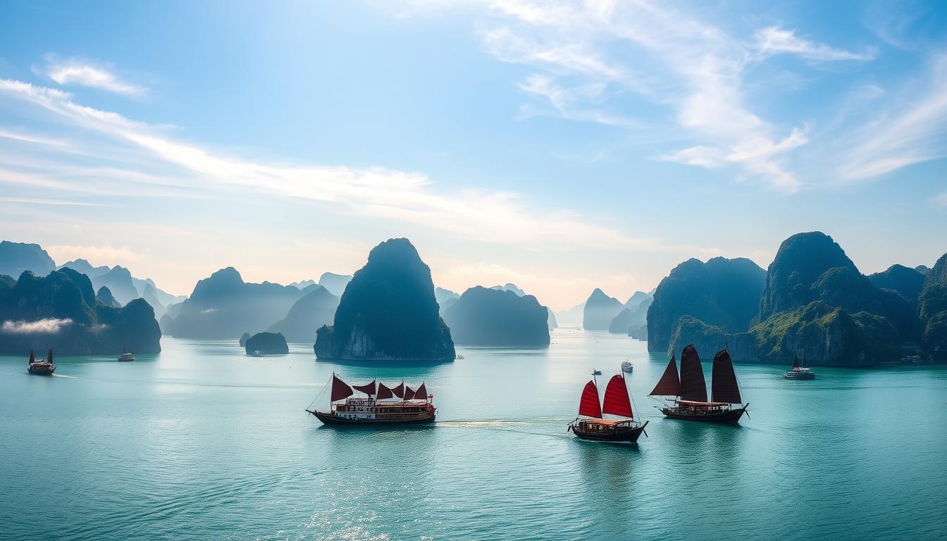 A serene, panoramic landscape of Halong Bay, Vietnam. In the foreground, emerald-green karst formations rise majestically from the calm, turquoise waters, their jagged peaks silhouetted against a clear, azure sky. Mist clings to the distant islands, creating an ethereal, dreamlike atmosphere. Sunlight filters through wispy clouds, casting a warm, golden glow over the scene. Traditional Vietnamese junk boats dot the bay, their distinctive red sails unfurled, creating a timeless, picturesque tableau. The overall impression is one of tranquility, natural wonder, and the timeless allure of this iconic Vietnamese destination.