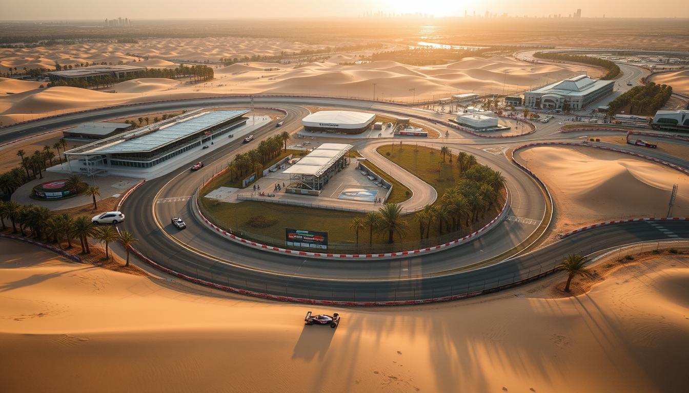 A sweeping aerial view of the Bahrain International Circuit, a state-of-the-art Formula One racing track nestled amidst the desert landscape. The circuit's iconic grandstands and paddocks are surrounded by lush palm trees and rolling sand dunes, bathed in the warm, golden glow of the Bahraini sun. In the foreground, sleek race cars zip around the circuit's sharp turns and straightaways, their engines roaring. The middle ground features the circuit's modern pit facilities and hospitality suites, while the background showcases the distant silhouette of Manama's skyline, a testament to Bahrain's blend of motorsport heritage and modern development. The scene conveys a sense of speed, excitement, and the unique charm of this premier motorsports destination.