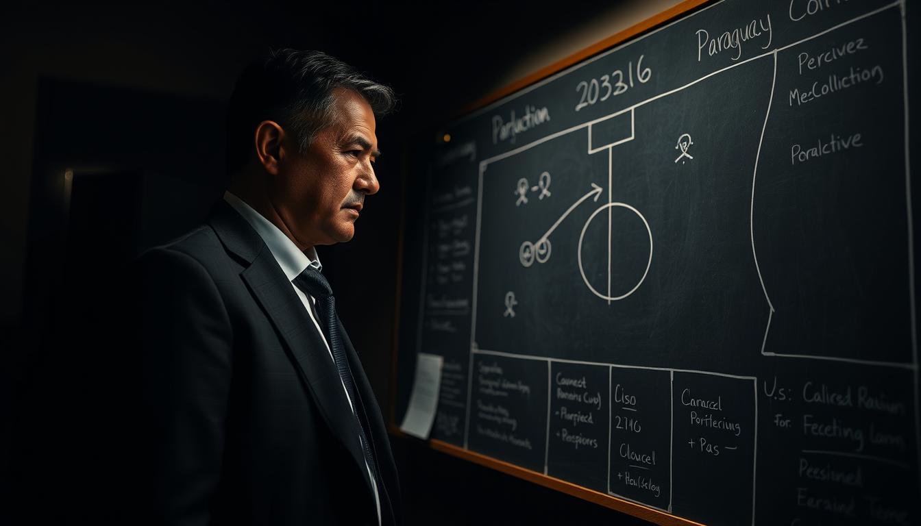 A meticulous tactical analysis conducted by the Paraguay coach, captured through a wide-angle lens in a dimly lit room. The coach, dressed in a sharp suit, stands at a chalkboard covered in intricate formations and detailed notes, his expression one of intense focus. The background is shrouded in shadows, emphasizing the coach's intense concentration on the task at hand. Soft, dramatic lighting illuminates the scene, creating a sense of gravity and importance. The overall atmosphere conveys the coach's strategic vision and dedication to preparing his team for the 2026 World Cup.