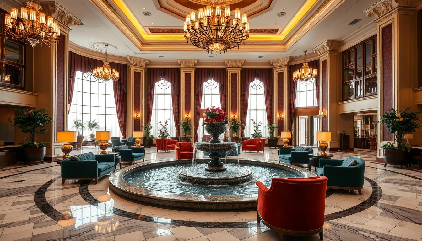 Opulent hotel lobby with gleaming marble floors, grand chandeliers, and ornate furnishings. Plush velvet couches and armchairs in rich jewel tones surround a centerpiece water feature, its cascading flow creating a soothing ambiance. Tall windows flood the space with warm, natural light, casting a soft glow on the polished surfaces. Elegant floral arrangements and potted plants add pops of vibrant color, complementing the luxurious décor. The lobby exudes an air of sophisticated refinement, inviting guests to experience the epitome of Gran Meliá's renowned hospitality.