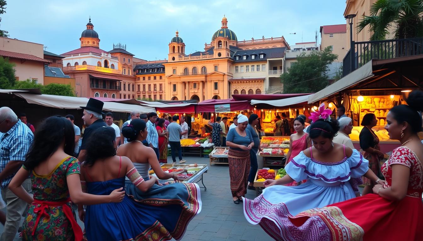 A vibrant scene of cultural experiences in the United States. In the foreground, a group of people from diverse backgrounds engaged in traditional dance, their colorful costumes swirling. In the middle ground, an open-air market with artisanal goods, spices, and local produce. In the background, a mix of historic and modern architecture, illuminated by warm, golden lighting. The atmosphere is lively and celebratory, inviting the viewer to immerse themselves in the richness of American cultural heritage.
