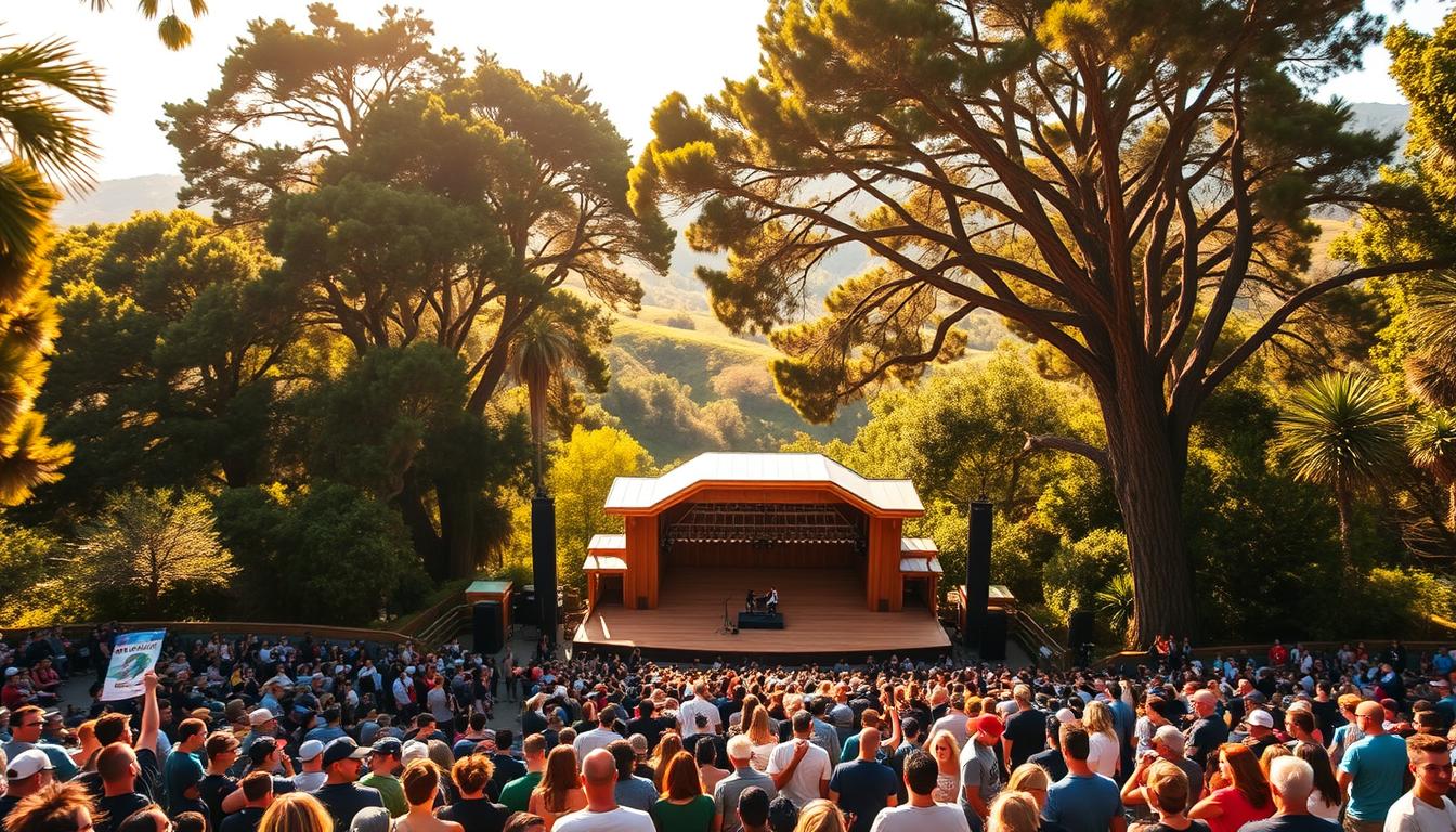 A lush, expansive outdoor amphitheater nestled in the verdant Stern Grove, bathed in warm golden sunlight filtering through the towering eucalyptus trees. In the foreground, a crowd of excited concertgoers gathers, their energy palpable as they await the start of a captivating live performance. The middle ground reveals the elegant stage, its wooden planks and classic architecture blending seamlessly with the natural surroundings. In the background, the rolling hills and verdant foliage create a picturesque backdrop, evoking a sense of tranquility and wonder. The overall scene exudes a vibrant, community-driven atmosphere, perfect for a free, family-friendly concert experience. www.travelandworldcup.com
