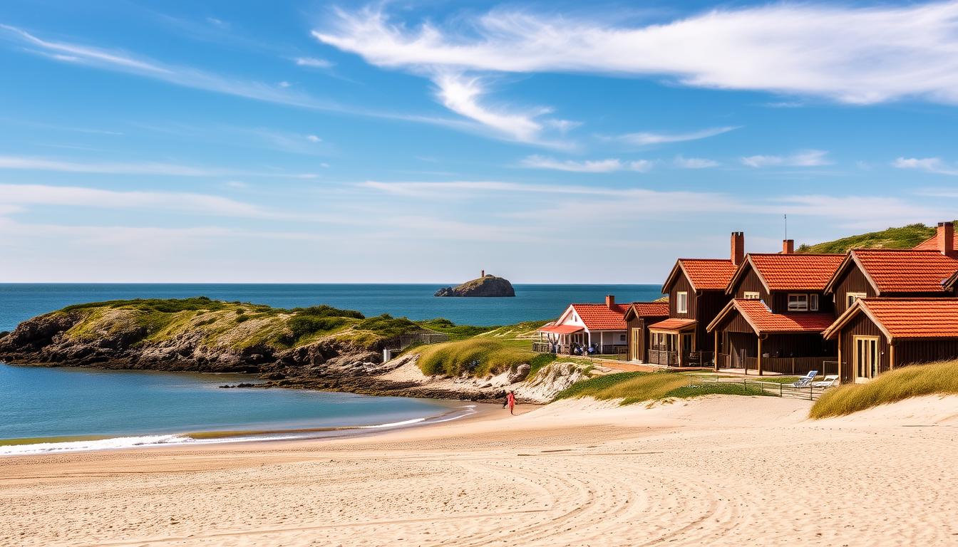 A serene coastal resort nestled along the pristine shores of Skagen, Denmark. Picturesque wooden cottages adorned with red tile roofs stand in harmony with the rugged natural landscape. Soft, warm sunlight filters through wispy clouds, casting a golden glow over the tranquil waters. In the foreground, a sandy beach is dotted with sunbathers and beachgoers, while in the distance, the iconic Skagen Odde, a narrow spit of land, juts out into the meeting of the North Sea and Baltic Sea. A feeling of relaxation and rejuvenation permeates the scene, inviting visitors to unwind and immerse themselves in the serene coastal beauty of this idyllic Danish retreat.