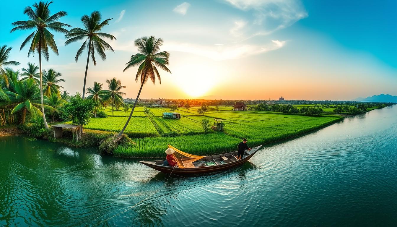 A sweeping panorama of Vietnam's Mekong Delta, where the mighty river unfurls into a labyrinth of lush, emerald-green waterways. In the foreground, a traditional wooden boat glides across the glassy surface, its occupants casting fishing nets into the gentle currents. Towering palm trees line the riverbanks, their fronds swaying in the warm, tropical breeze. In the middle ground, verdant rice paddies stretch out as far as the eye can see, dotted with the conical hats of hardworking farmers. In the distance, the horizon is punctuated by the silhouettes of ancient pagodas and distant mountains, bathed in the soft, golden glow of the setting sun. The overall scene exudes a sense of tranquility and timelessness, capturing the essence of Vietnam's iconic Mekong Delta.