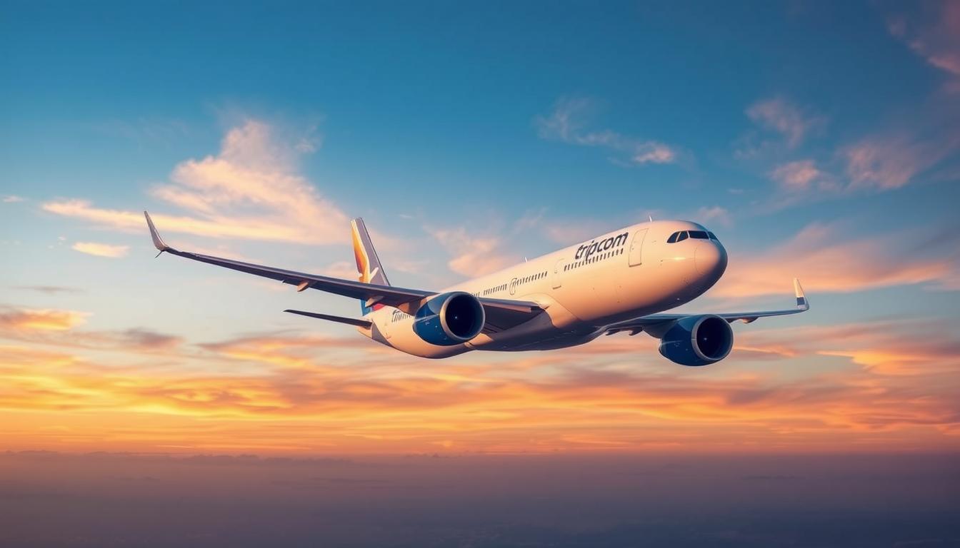 طائرة تحلق في السماء تمثل شبكة رحلات Trip.com الواسعة
