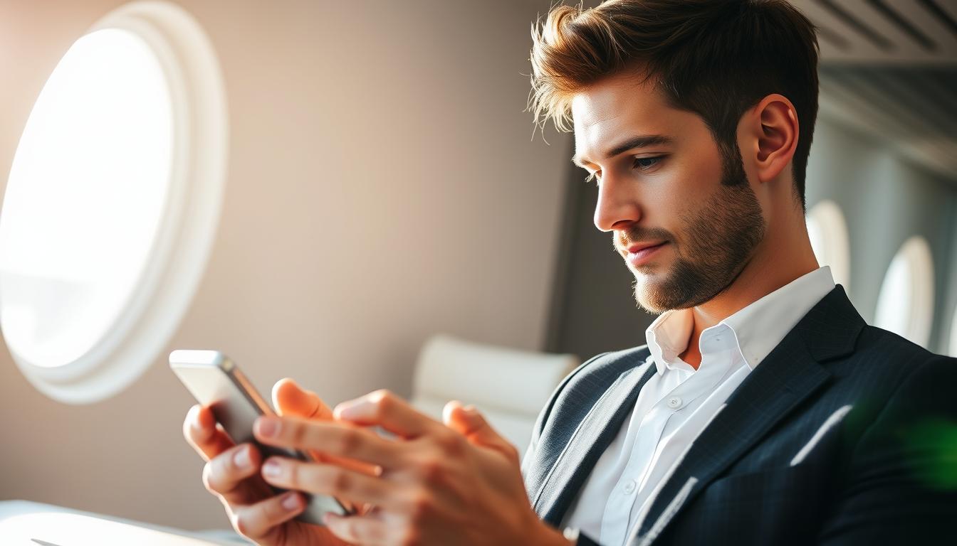 A professional businessman using the AirHelp mobile app on a sleek, silver smartphone. Bright, natural lighting floods the scene, casting a warm, inviting glow. The user's face is focused and determined as they navigate the app's intuitive interface, surrounded by a minimalist, modern office setting with clean lines and neutral tones. The overall atmosphere conveys a sense of efficiency, productivity, and the empowerment of air passenger rights.
