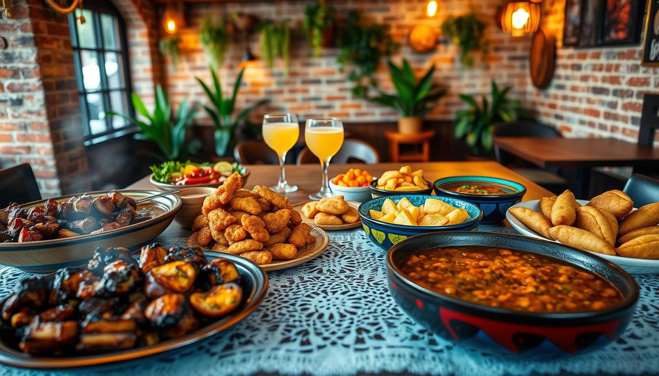 A vibrant assortment of authentic Brazilian cuisine, captured in a cozy restaurant setting. In the foreground, an array of traditional dishes: sizzling skewers of churrasco (grilled meat), steaming bowls of feijoada (black bean stew), and platters of crisp, golden-fried pastries. The middle ground features a rustic wooden table with a lace tablecloth, set with colorful ceramic plates and glasses of caipirinha (Brazil's national cocktail). The background evokes a warm, inviting ambiance with exposed brick walls, hanging plants, and soft, diffused lighting that casts a golden glow over the scene.