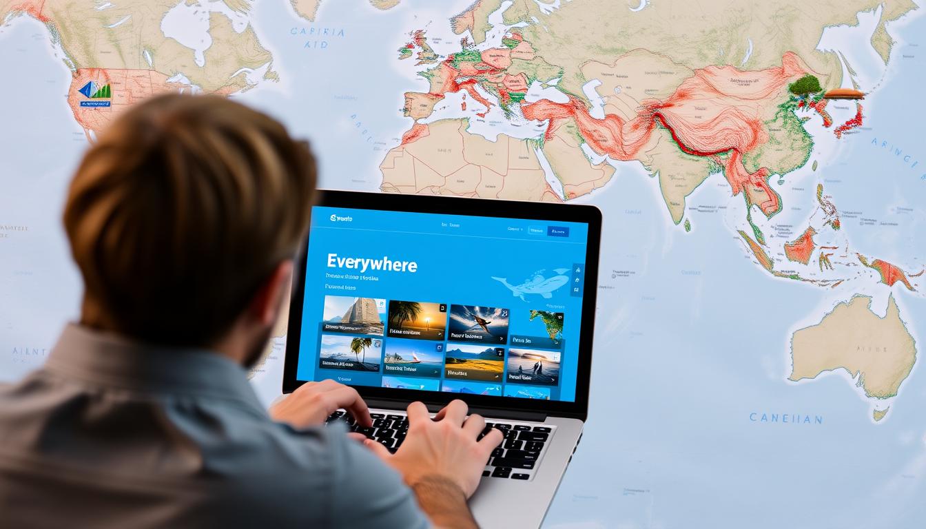 Generate an image of a person using Skyscanner's "Everywhere" feature on a laptop, with a map of the world in the background.