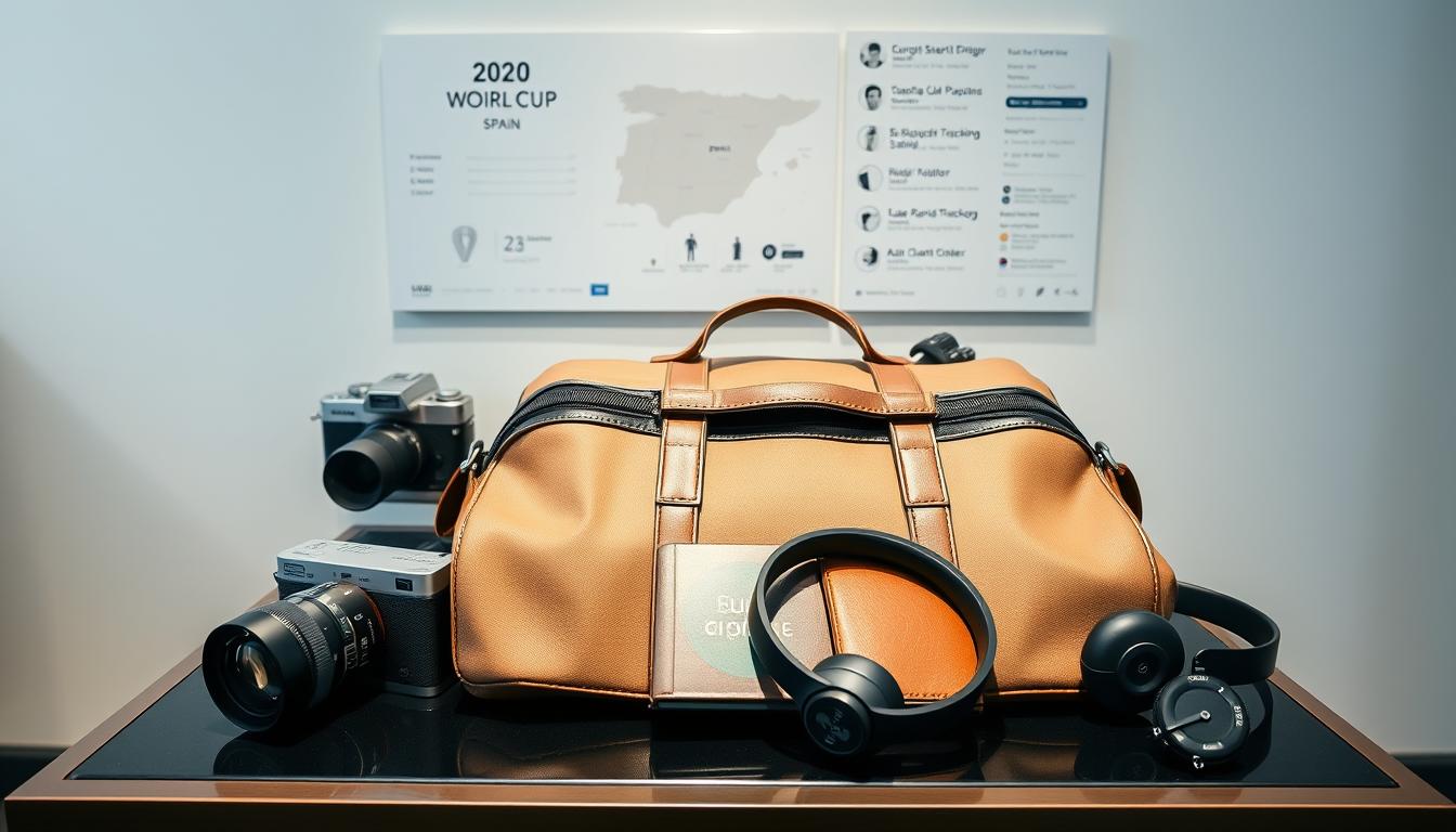 A neatly organized travel bag rests on a sleek, modern table, surrounded by essential 2030 World Cup items. In the foreground, a high-quality camera, a foldable universal power adapter, and a set of noise-cancelling wireless headphones shine under soft, directional lighting. In the middle ground, a well-worn leather passport holder, a digital translation device, and a high-tech luggage tracker stand out. The background features a minimalist, yet sophisticated wall display showcasing a map of Spain, airline tickets, and a detailed itinerary, all in a calming, neutral color palette that exudes professionalism and preparedness.