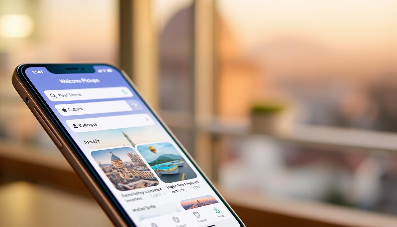 A sleek, modern mobile app interface with a warm, inviting color palette. In the foreground, a stylized navigation menu and search bar, conveying the app's functionality. The middle ground features a curated selection of travel destinations, each with vibrant, high-resolution imagery. In the background, a softly blurred cityscape or natural landscape, hinting at the app's focus on travel planning and exploration. The overall composition is balanced and visually appealing, with a sophisticated, user-friendly aesthetic that reflects the &quot;Welcome Pickups&quot; brand.