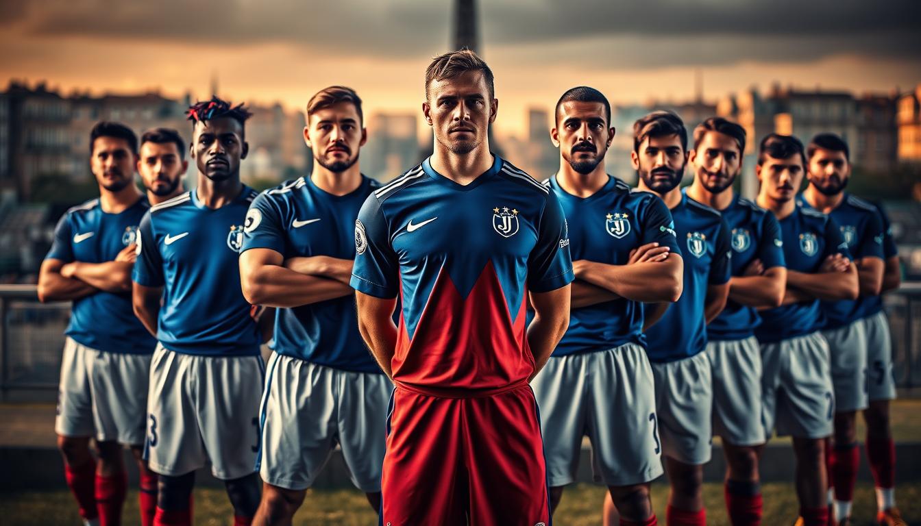 A team portrait of the French national football team, captured in a dynamic and authoritative pose. The players stand tall and proud, their uniforms emblazoned with the iconic blue, white, and red colors of the French flag. The lighting is warm and dramatic, casting bold shadows that accentuate the players' muscular physiques and determined expressions. In the foreground, the team's star players take center stage, their eyes fixed firmly on the camera, radiating an aura of confidence and championship-winning potential. Behind them, the rest of the squad forms a cohesive unit, shoulder-to-shoulder, ready to support their teammates in their quest for victory. The background features a blurred, yet recognizable Parisian cityscape, a nod to the team's national heritage. The overall scene evokes a sense of national pride and the unwavering spirit of the "travelandworldcup" brand.