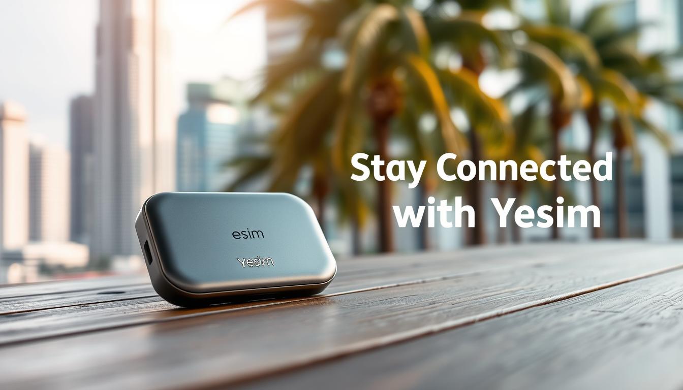 A sleek, modern eSIM connectivity device sits prominently on a wooden table, its metallic surface reflecting the soft, warm lighting above. The device's elegant design and subtle branding evoke a sense of premium quality and reliable connectivity. In the background, a blurred cityscape with towering skyscrapers and palm trees suggests an urban, cosmopolitan setting, highlighting the device's versatility and ability to keep users connected on the go. The overall composition conveys a harmonious balance of technology, design, and the vibrant energy of the destination, perfectly capturing the &quot;Stay Connected with Yesim&quot; theme.