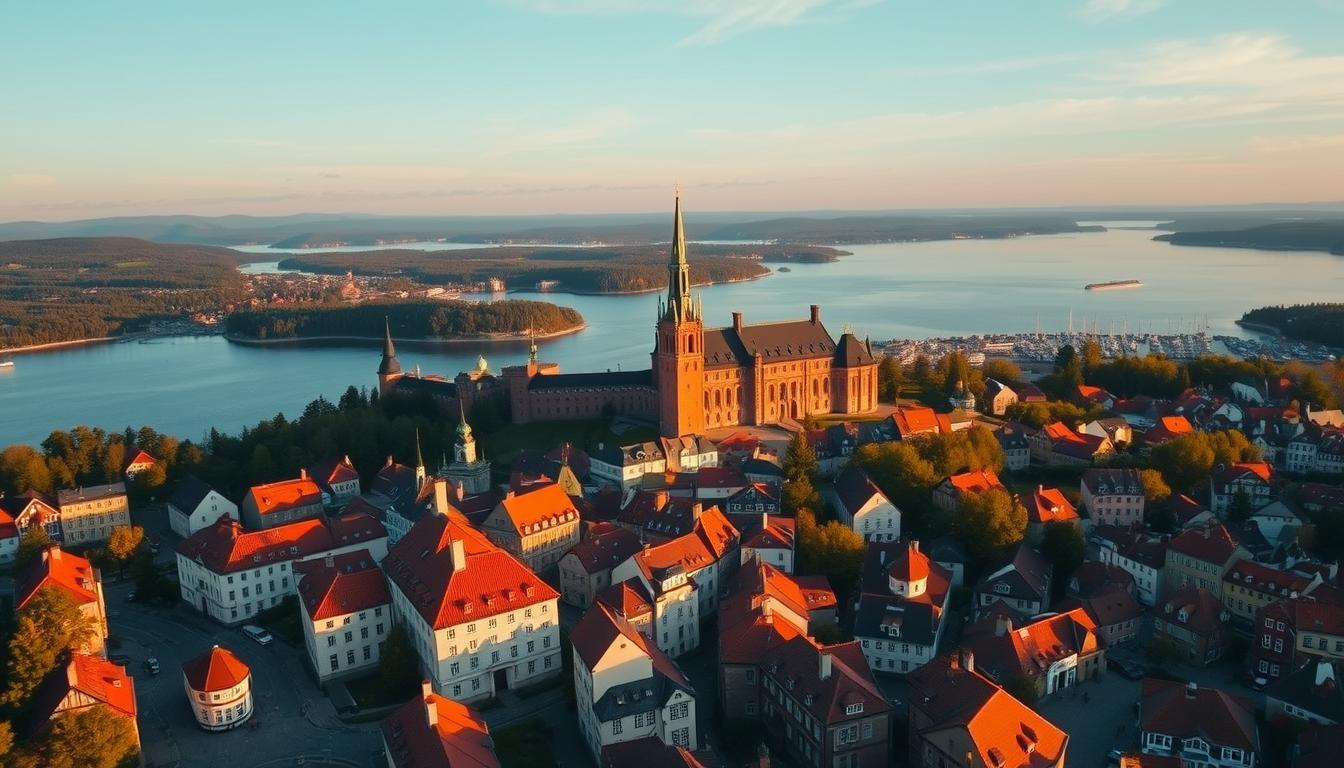 A stunning aerial view of Sweden's iconic landmarks set against a backdrop of majestic fjords and lush forests. In the foreground, the striking silhouette of Stockholm's Gamla Stan (Old Town), with its vibrant red-roofed buildings and winding cobblestone streets. In the middle ground, the imposing Tre Kronor Castle, its spires glinting in the soft, golden light. Further back, the serene waters of Lake Mälaren reflect the rugged Scandinavian landscape, dotted with traditional red wooden houses and picturesque harbors. The scene is bathed in a warm, cinematic glow, evoking a timeless, romantic atmosphere that captures the essence of Sweden's captivating natural and cultural heritage.
