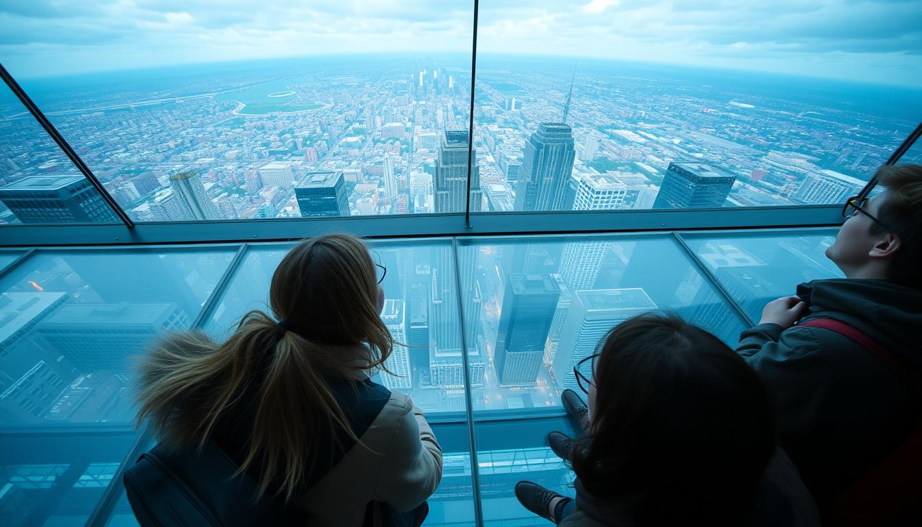 Generate an image of visitors standing on the glass floor at Edge at Hudson Yards.