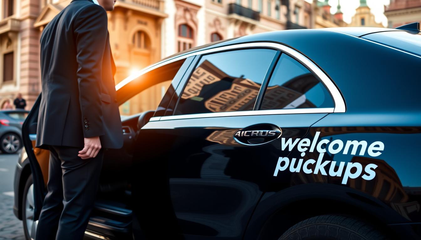 A sleek black car with the Welcome Pickups logo emblazoned on the side waits patiently on a picturesque Buenos Aires street. The sun casts a warm glow, illuminating the car's polished exterior. In the foreground, a well-dressed passenger stands beside the open door, ready to embark on their journey. The background features the iconic architecture of the city, with vibrant colors and intricately designed buildings. The scene conveys a sense of professionalism, efficiency, and the excitement of starting a new adventure in Argentina. The lighting is soft and natural, capturing the essence of the service provided by Welcome Pickups.