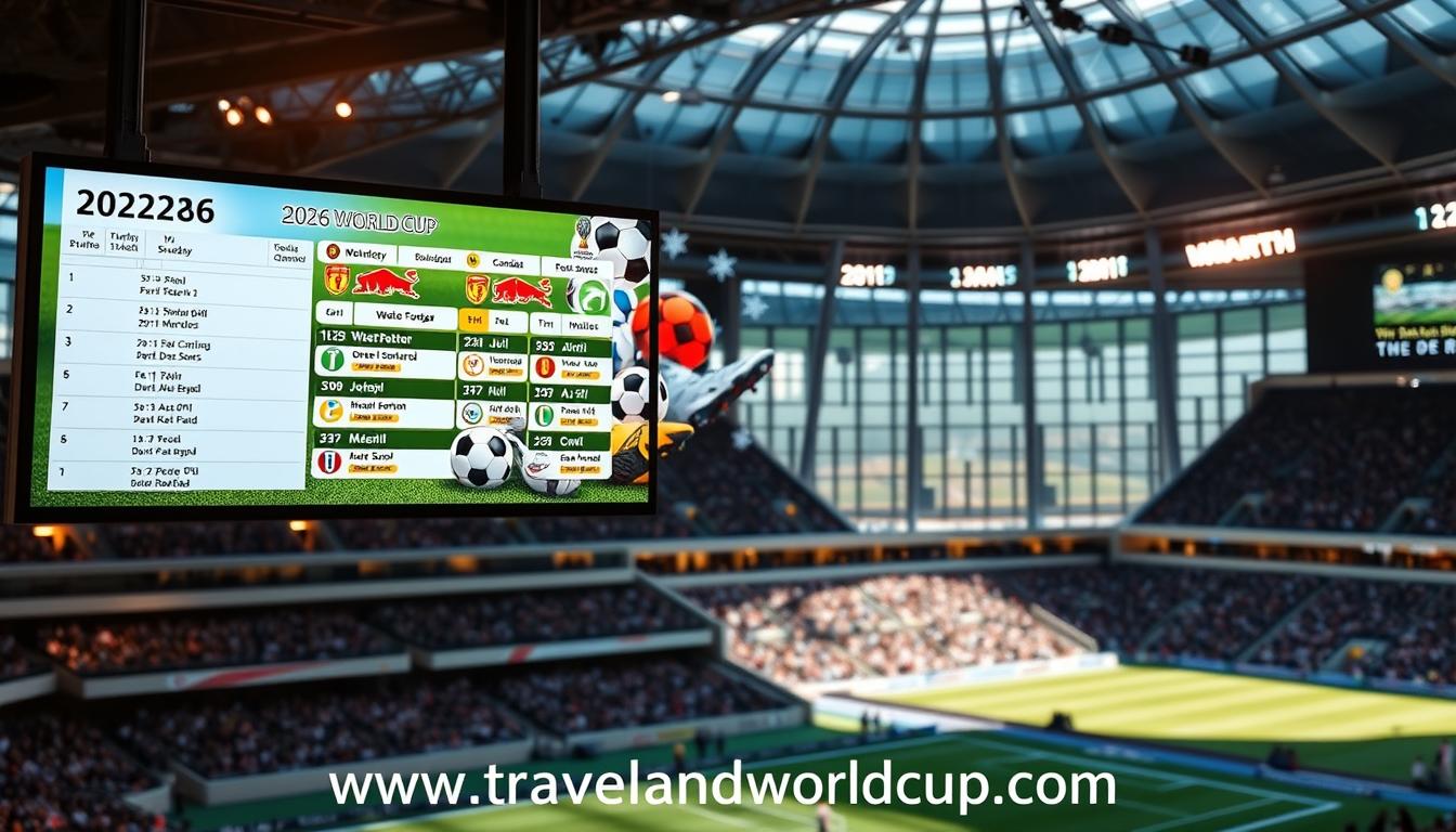 2026 world cup tickets A 2026 World Cup match schedule displayed on a large digital screen in a modern sports stadium. The screen shows a detailed calendar with match dates, times, and team logos. The foreground features a sleek, minimalist design with clean lines and bright colors. The middle ground showcases various sports equipment, such as soccer balls and cleats, creating a sense of energy and anticipation. The background depicts the stadium's interior, with spectators in the stands and the field visible through the glass walls. Warm, natural lighting casts a welcoming glow throughout the scene. The website "www.travelandworldcup.com" is prominently displayed in the bottom corner, adding a touch of branding and professionalism.