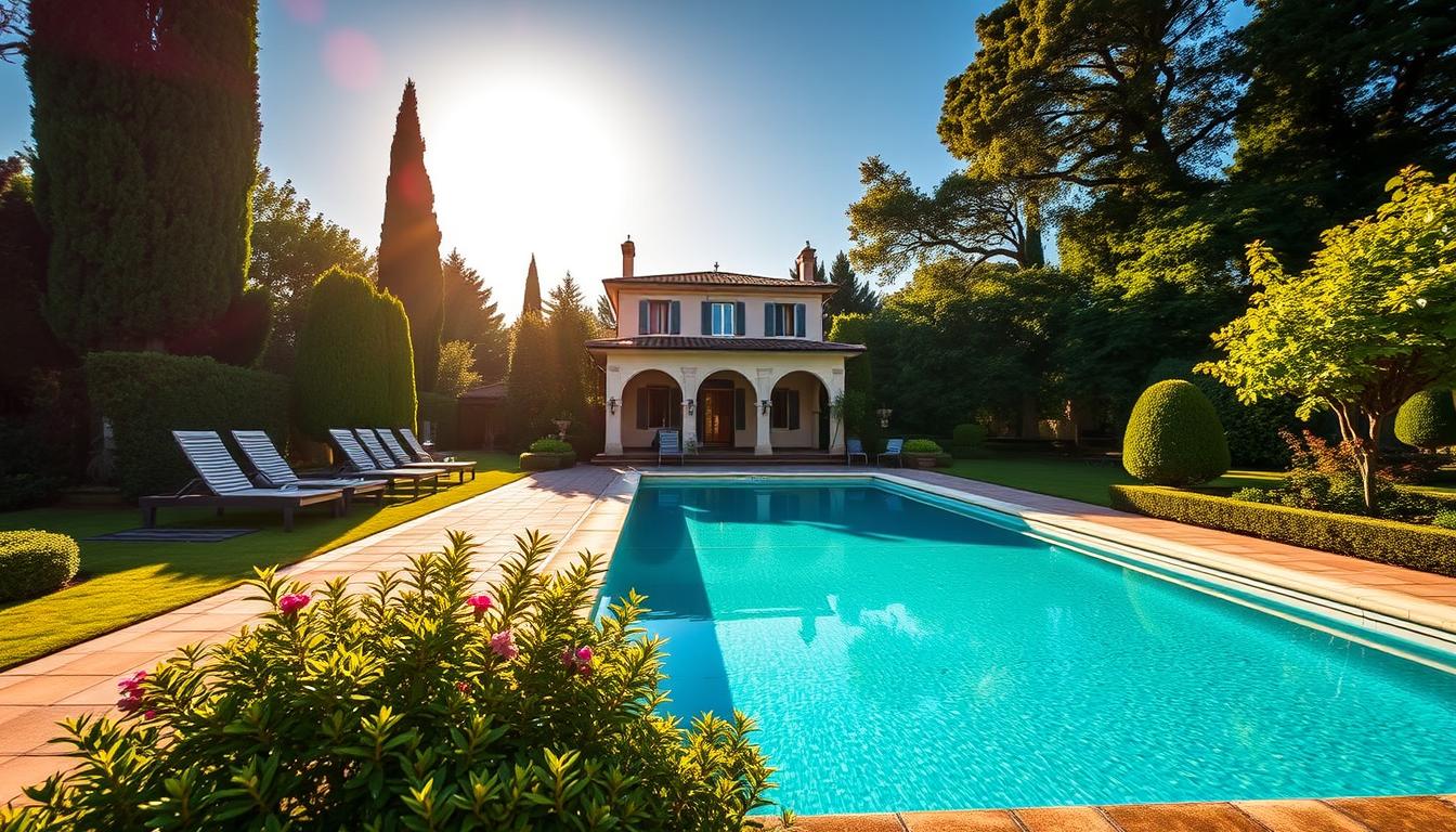 Generate an image of Villa di Piazzano's sun-soaked pool surrounded by lush gardens
