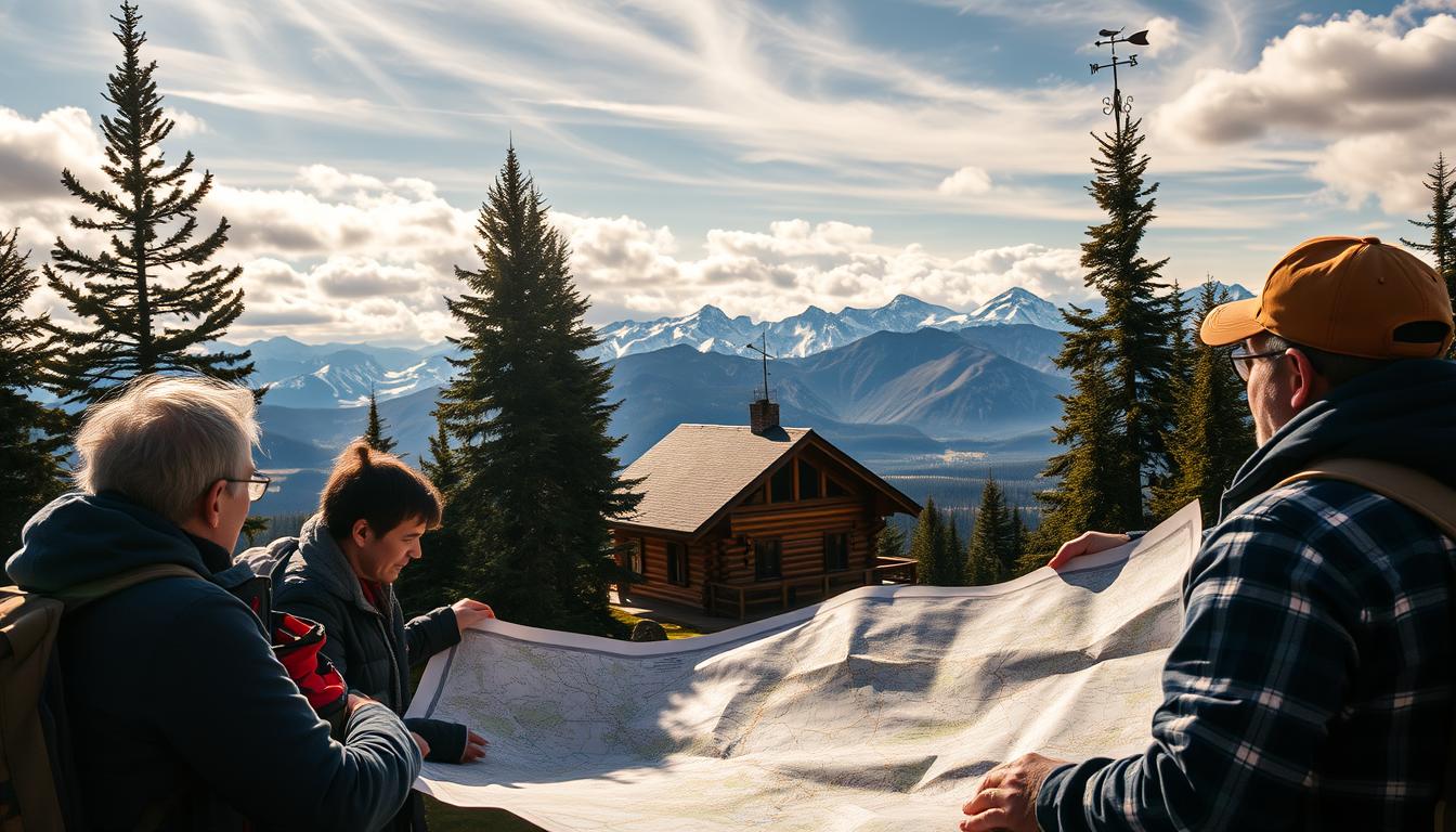A picturesque scene of travelers planning their trip amidst the beauty of nature. In the foreground, a group huddled around a detailed map, discussing weather patterns and seasonal considerations. Sunlight filters through wispy clouds, casting a warm glow over the tableau. In the middle ground, a cozy cabin nestled among towering pines, with a weathervane atop its roof, indicating the shifting winds. The background showcases a panoramic vista of snow-capped mountains, hinting at the diverse landscapes to explore. The mood is one of anticipation and wonder, as the travelers meticulously plan their journey, mindful of the weather's ebb and flow.