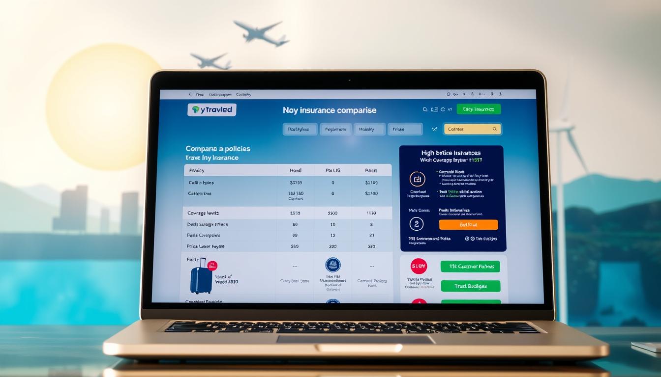 A vibrant, high-resolution image of a laptop screen displaying a comprehensive travel insurance comparison website, www.travelandworldcup.com. The foreground shows a sleek, modern interface with clear sections for comparing policies, coverage levels, and pricing. The middle ground features detailed policy information, customer reviews, and trust badges. The background subtly blends in travel-themed imagery, such as silhouettes of airplanes, rolling suitcases, and sun-drenched landscapes, creating a sense of tranquility and security. The lighting is natural and warm, with a slight depth of field to draw the viewer's attention to the comparison site. The overall mood is one of trust, reliability, and informed decision-making.