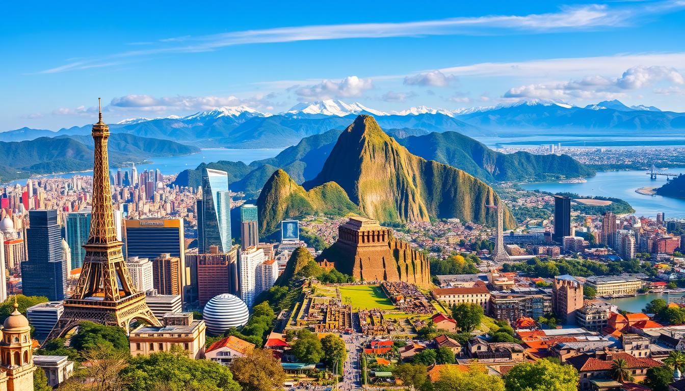 A panoramic vista showcasing the world's most captivating destinations. In the foreground, iconic landmarks like the Eiffel Tower, Taj Mahal, and Machu Picchu stand tall, bathed in warm, golden light. The middle ground features vibrant cityscapes, from the skyscrapers of New York to the winding canals of Venice. In the distance, snow-capped mountains, pristine beaches, and lush tropical landscapes create a sense of wonder and adventure. The image is captured with a wide-angle lens, emphasizing the scale and grandeur of these breathtaking locations. The overall mood is one of exploration and discovery, inviting the viewer to embark on a journey through the diverse wonders of the world.