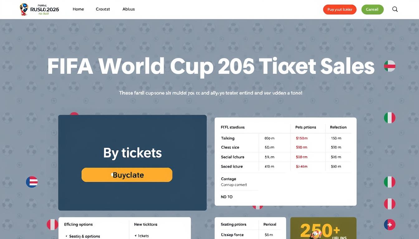 A sleek and modern website interface with the prominent title &quot;FIFA World Cup 2026 Ticket Sales&quot; displayed in a clean, bold font. In the foreground, a large &quot;Buy Tickets&quot; button stands out, inviting users to seamlessly purchase their passes. The middle ground showcases detailed information on the various ticket categories, seating options, and pricing tiers, all presented in an intuitive and user-friendly layout. In the background, a subtle pattern of soccer ball icons and national flags creates a sense of global connectivity, complementing the website's branding. The overall tone is professional, efficient, and visually engaging, guiding visitors through the official ticket sales process for the upcoming 2026 FIFA World Cup. The website domain &quot;www.travelandworldcup.com&quot; is prominently displayed in the header.