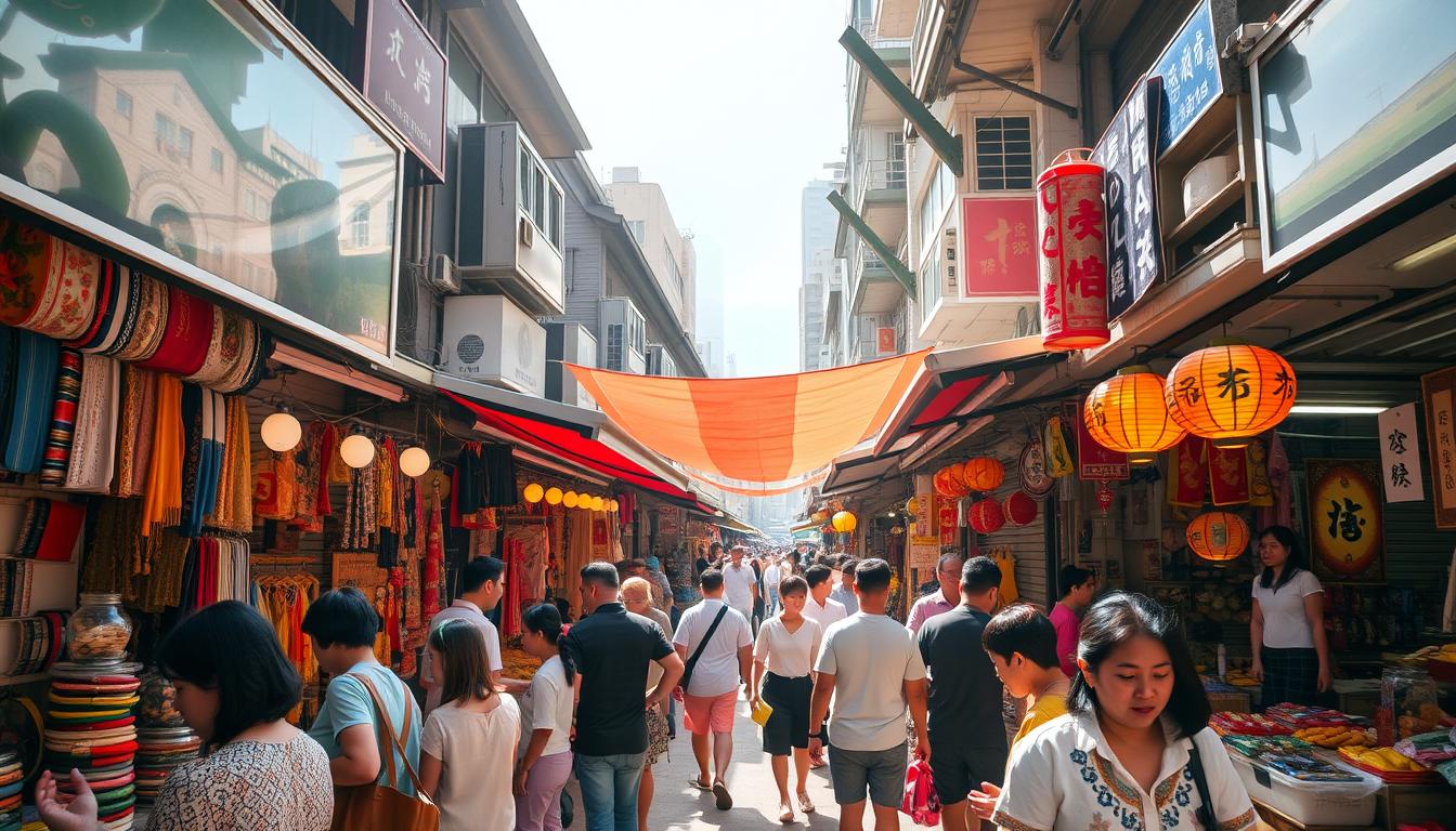 A bustling open-air market in the heart of Hong Kong, showcasing a vibrant array of traditional goods and local wares. Stalls display an eclectic mix of fabrics, accessories, handicrafts, and delicacies, inviting visitors to immerse themselves in the vibrant culture. Rays of sunlight filter through the canopy, casting a warm glow over the lively scene. Shoppers navigate the maze of narrow aisles, haggling with friendly vendors and discovering unique treasures. The air is filled with the aroma of spices and the chatter of local dialects, creating an authentic and captivating atmosphere. A visual feast that captures the essence of the Ladies' Market, a renowned shopping destination in the heart of bustling Hong Kong.